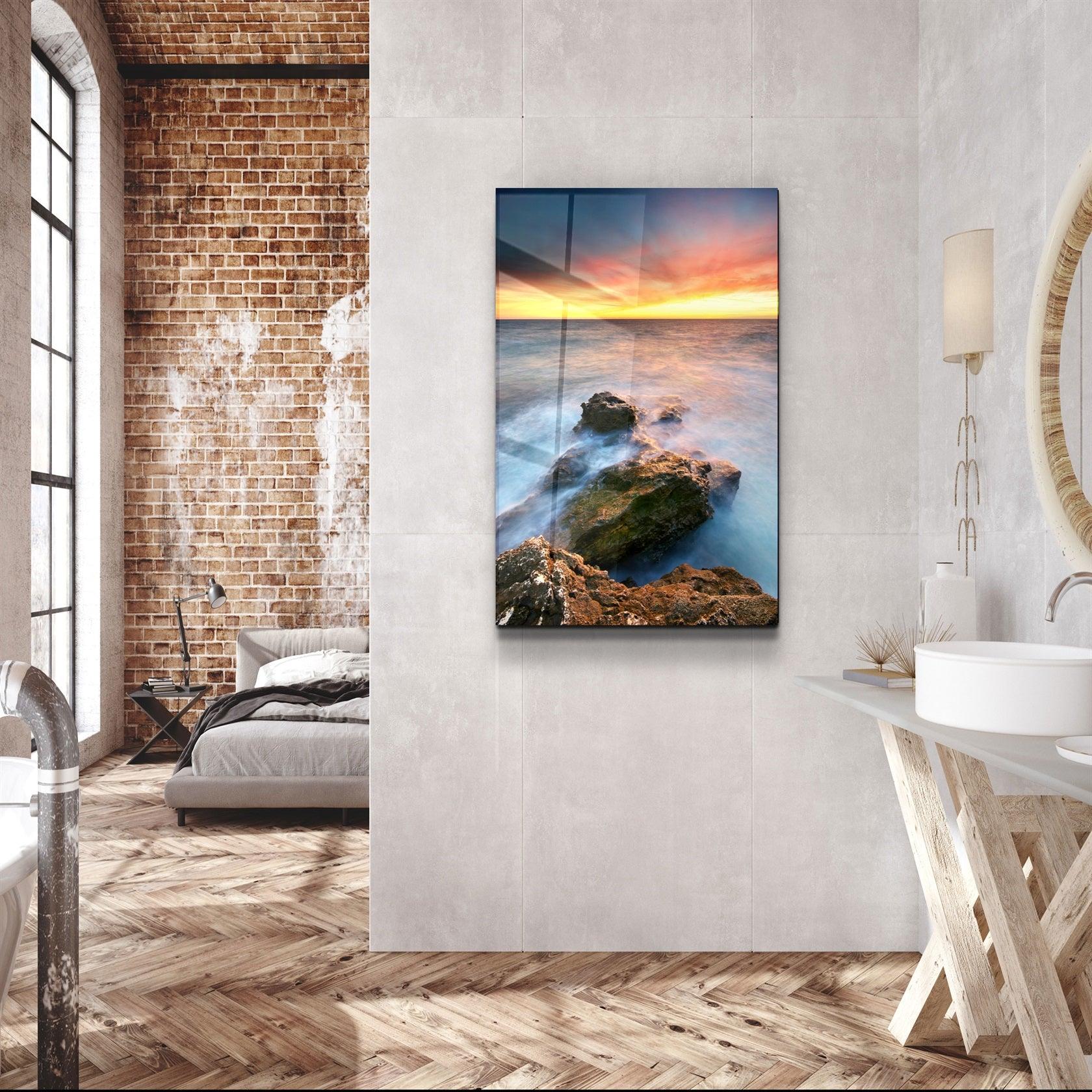 ・"Sunset and Rocks"・Glass Wall Art