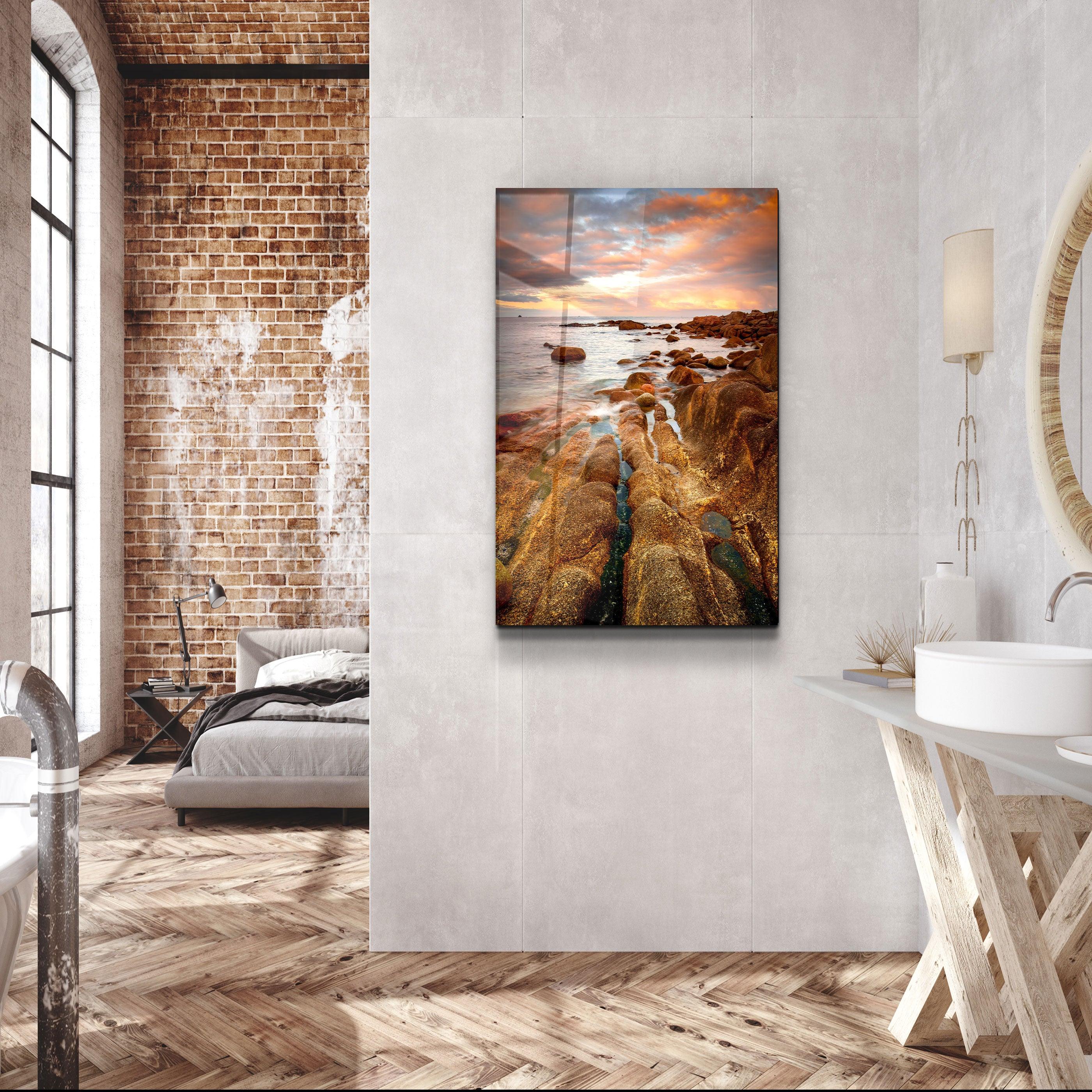 ・"Golden Rocks and Sunset"・Glass Wall Art