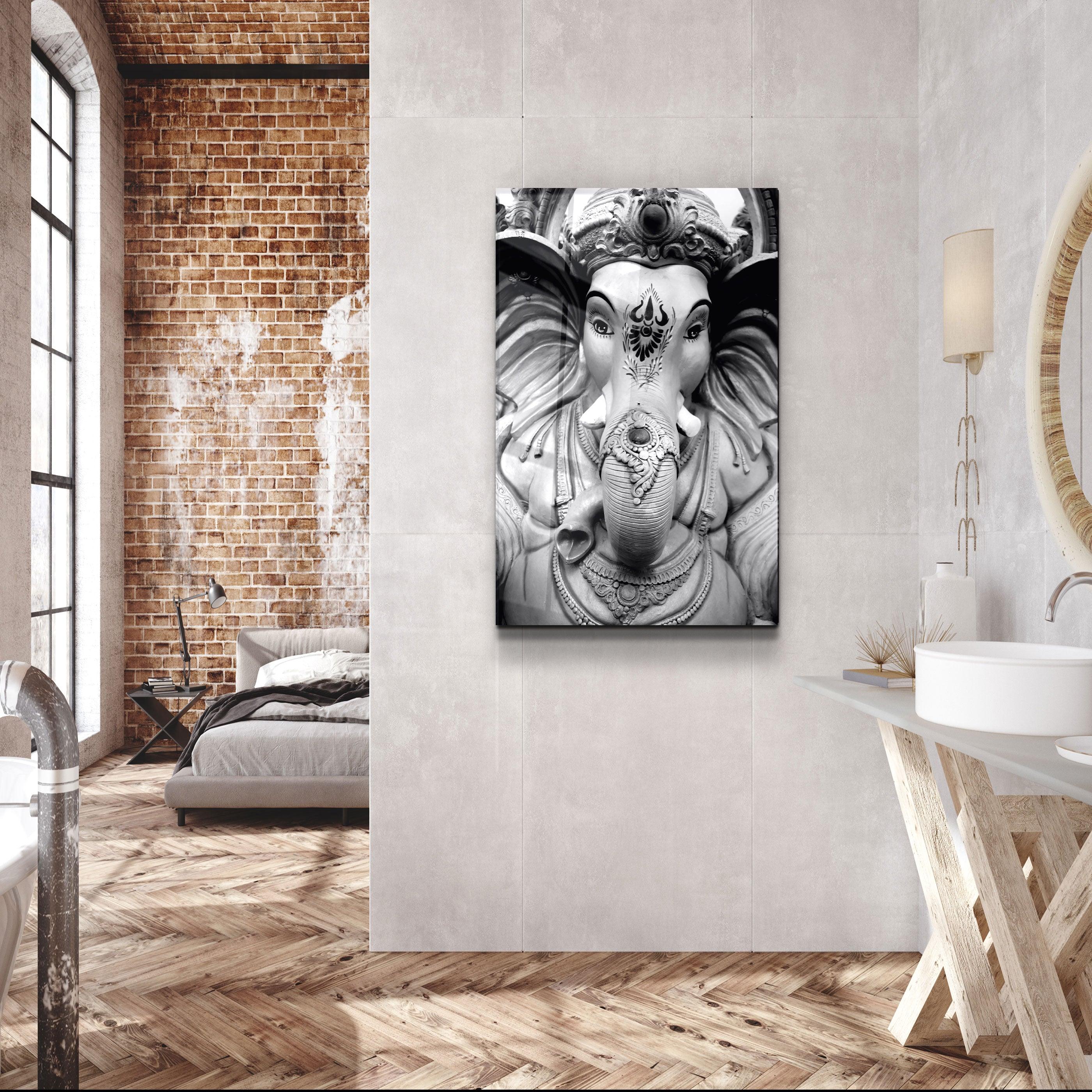 ・"Lord Ganesh B&W Sculpture"・Glass Wall Art - ArtDesigna Glass Printing Wall Art