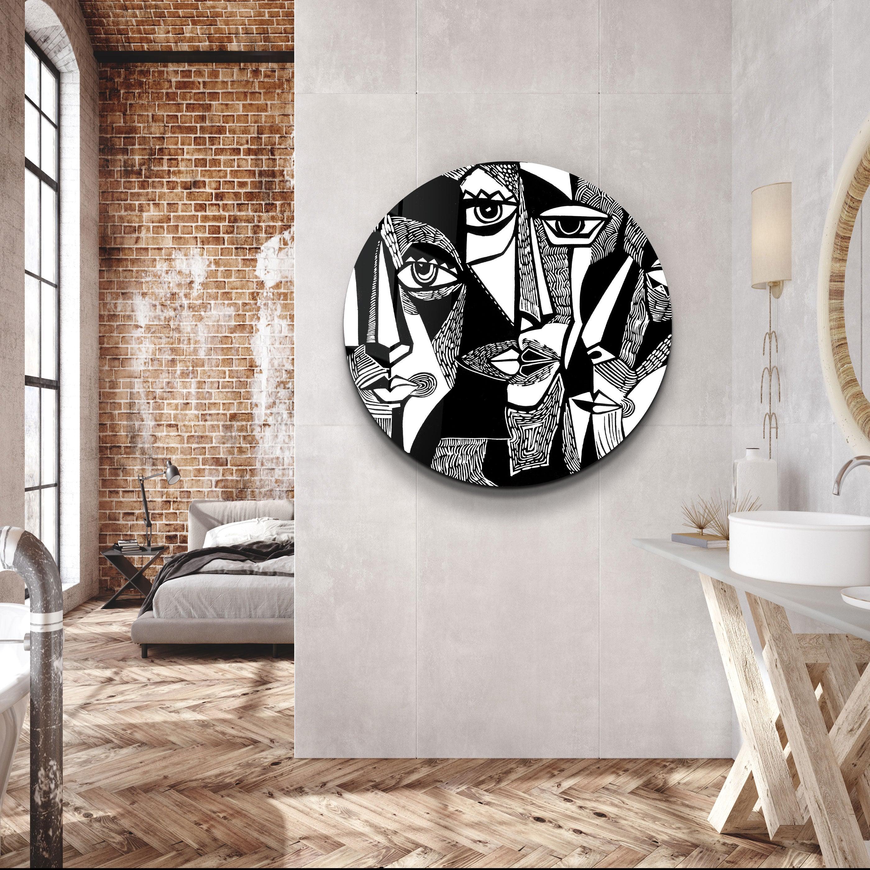 ・"African Faces Black and White"・Rounded Glass Wall Art