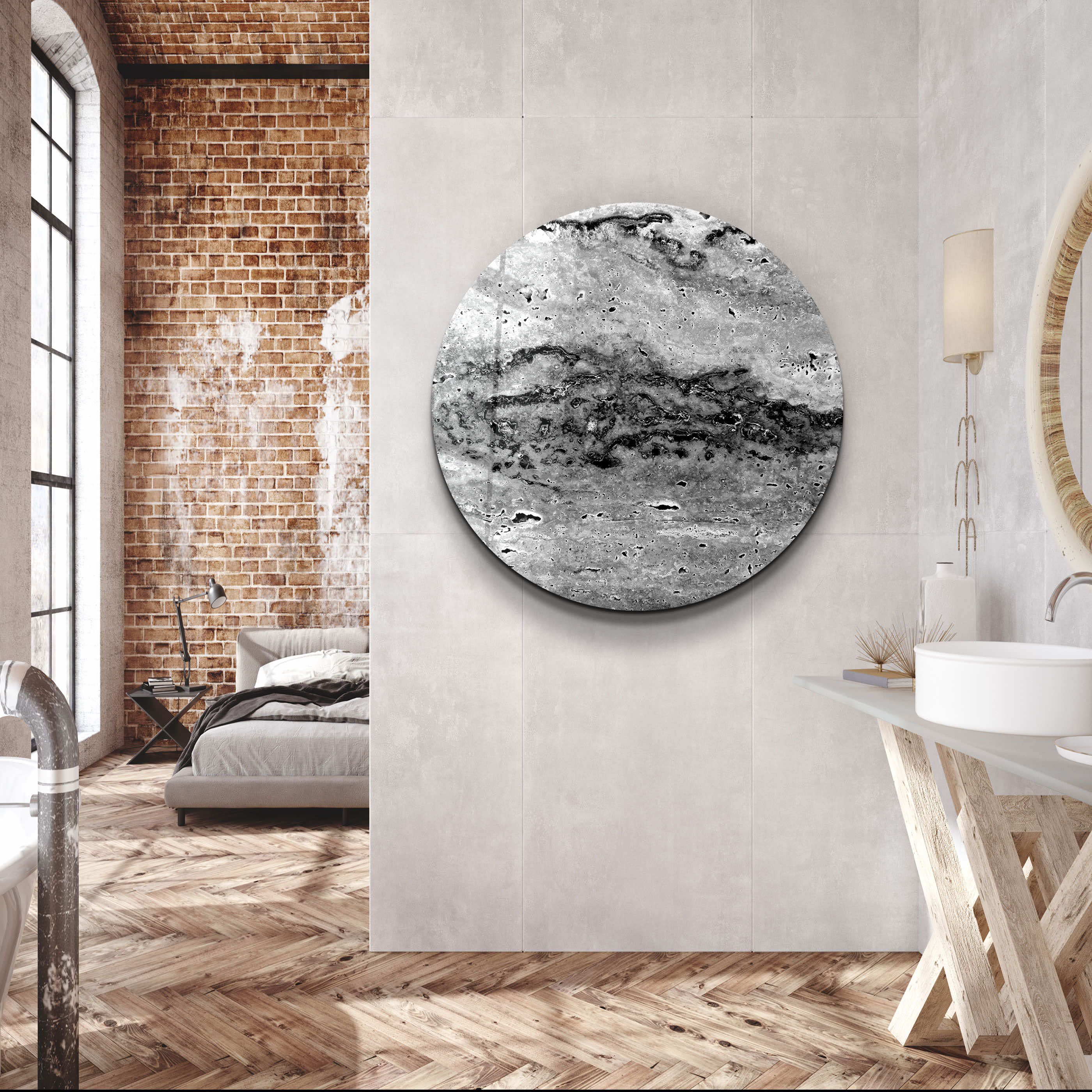 ・"Travertine - Black and White "・Rounded Glass Wall Art