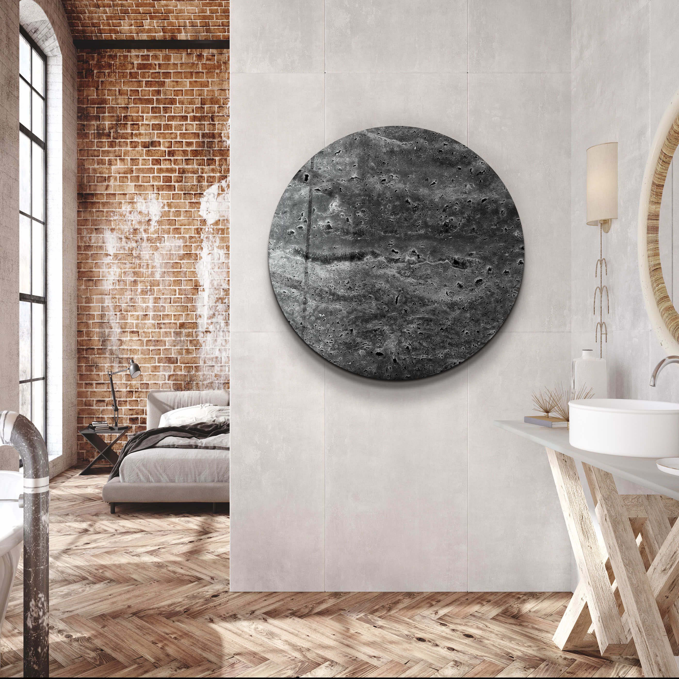 ・"Travertine - Moon - Black"・Rounded Glass Wall Art