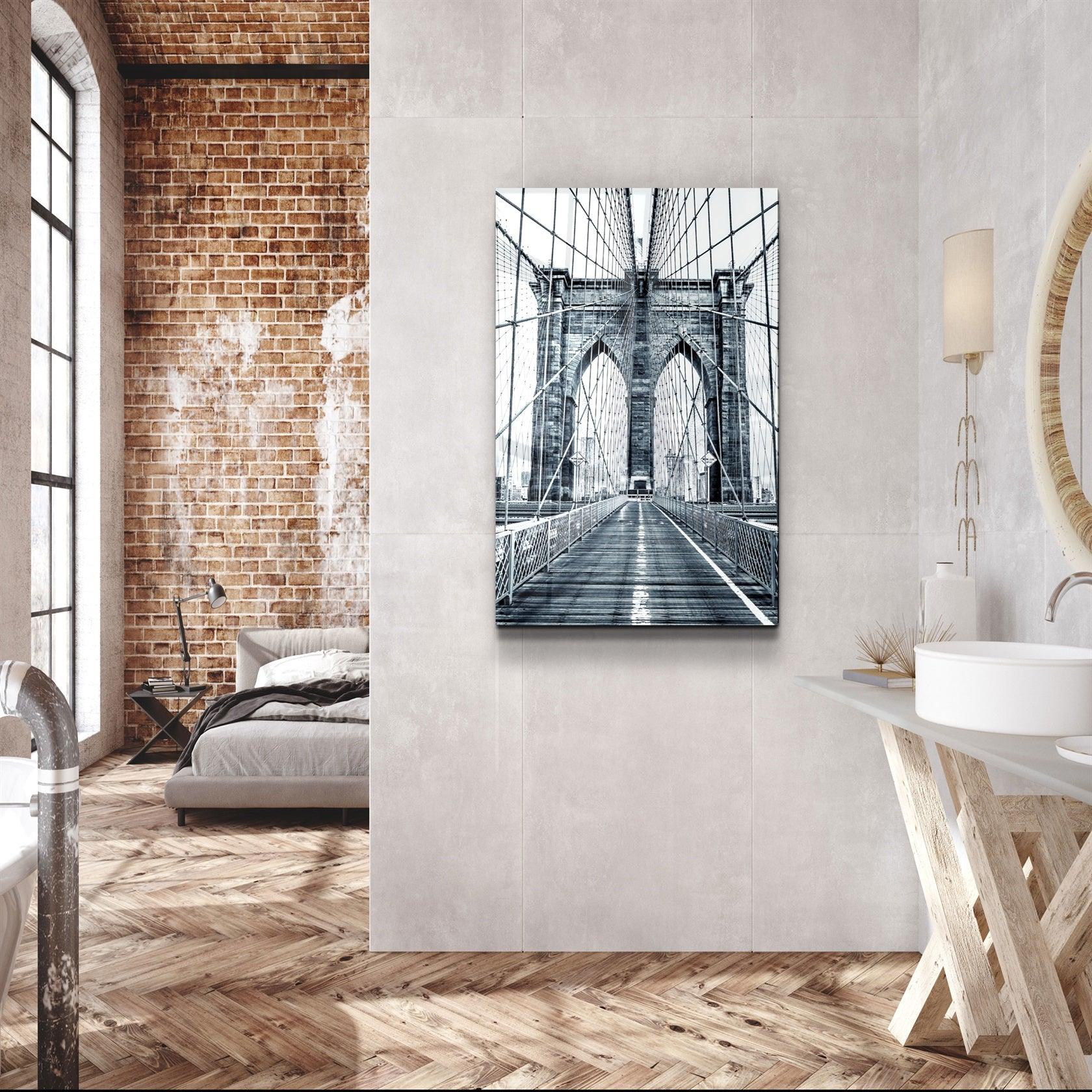 ・"Brooklyn Bridge Retro Gray 2"・Glass Wall Art
