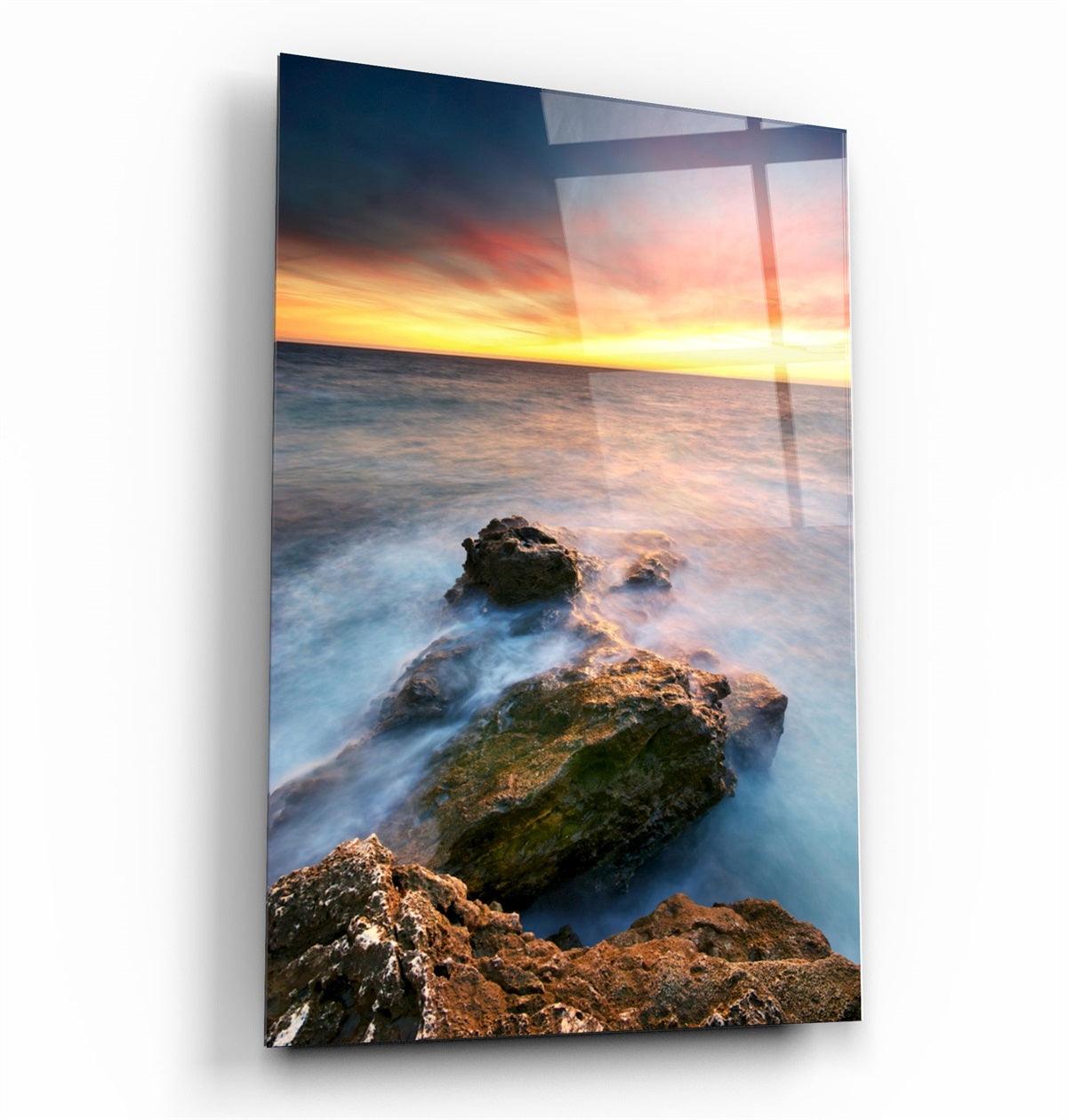 ・"Sunset and Rocks"・Glass Wall Art