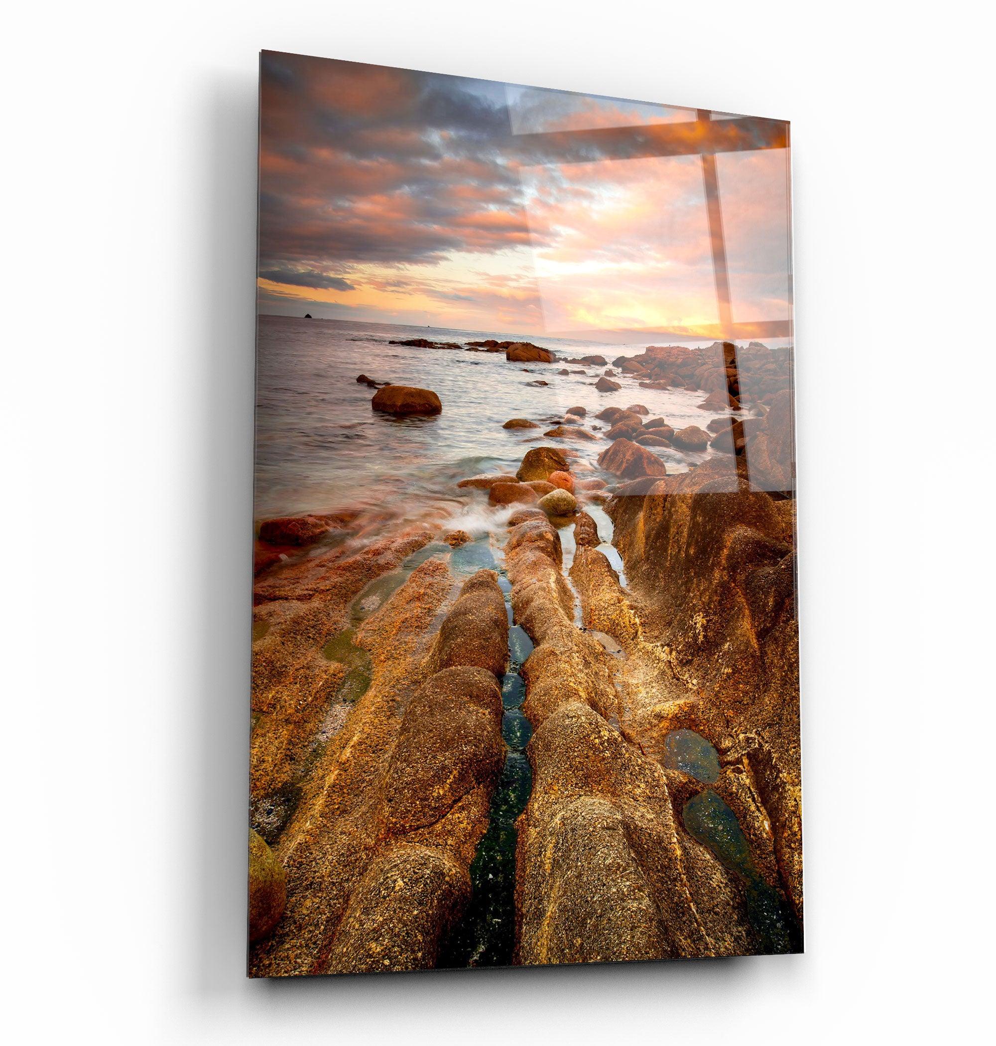 ・"Golden Rocks and Sunset"・Glass Wall Art