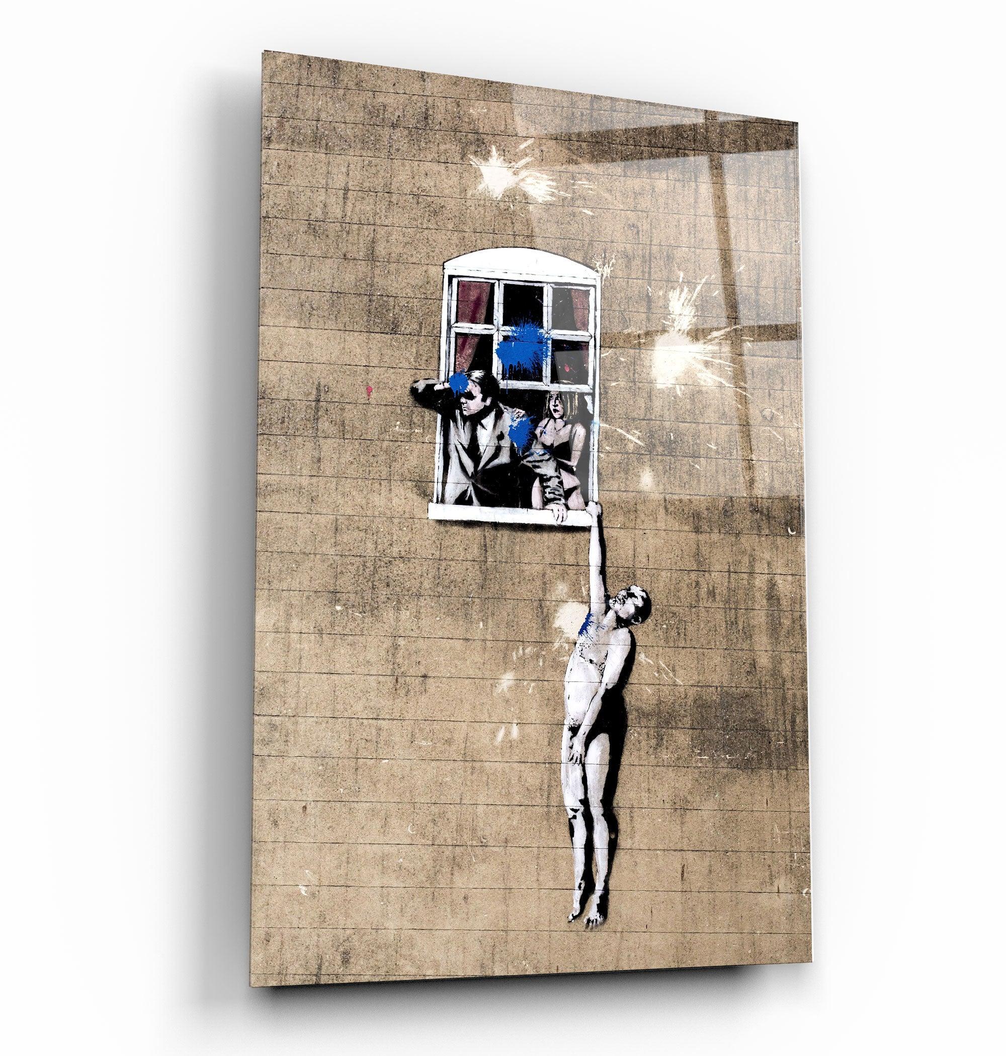 "Banksy - Man hanging from a window"・Glass Wall Art