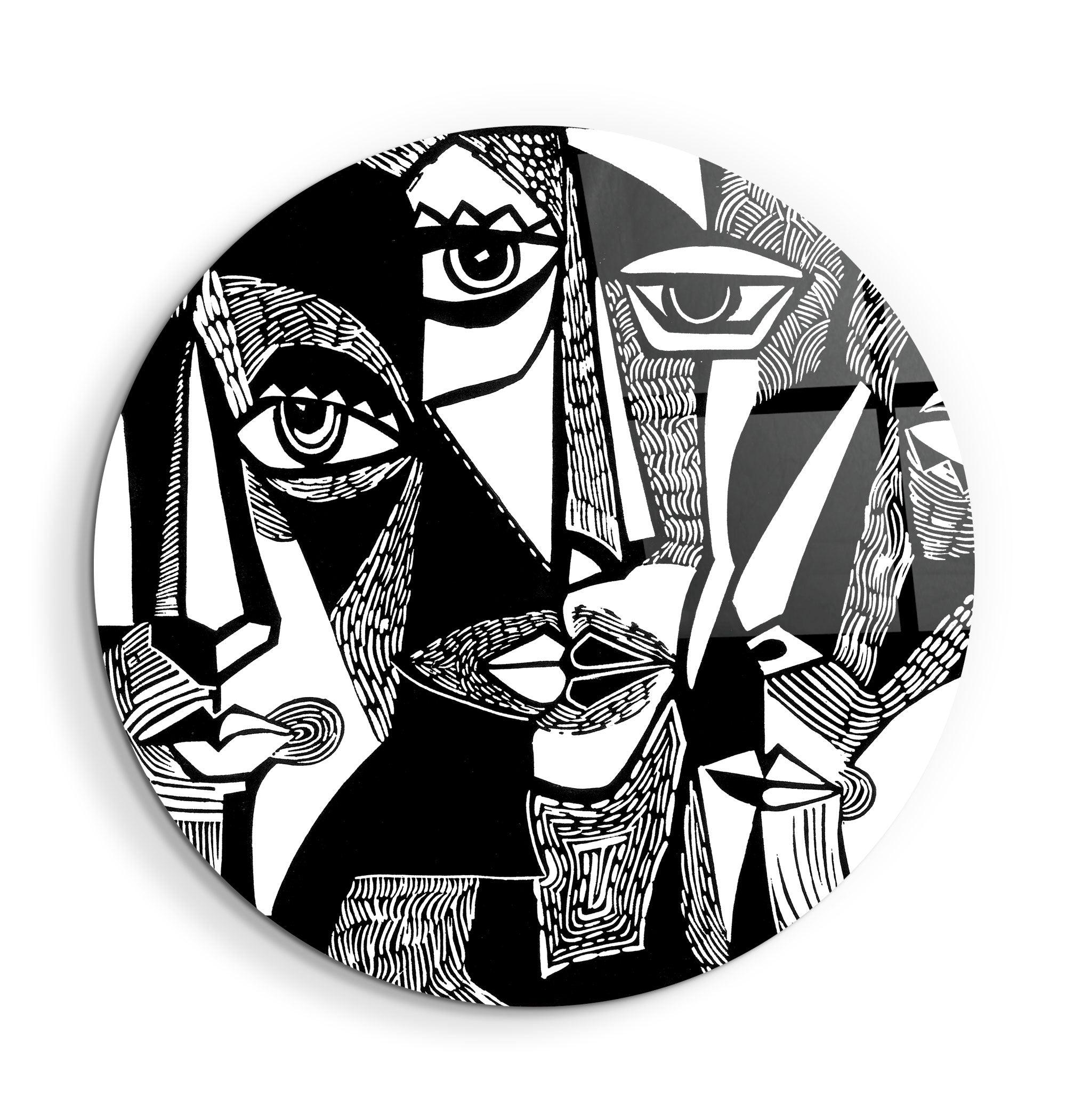 ・"African Faces Black and White"・Rounded Glass Wall Art