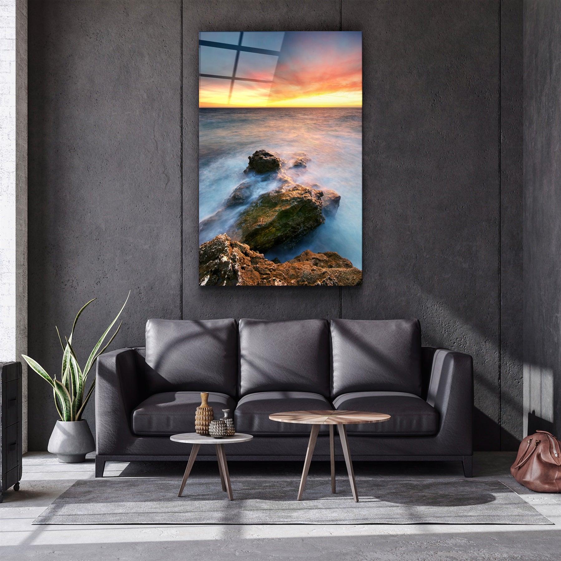 ・"Sunset and Rocks"・Glass Wall Art