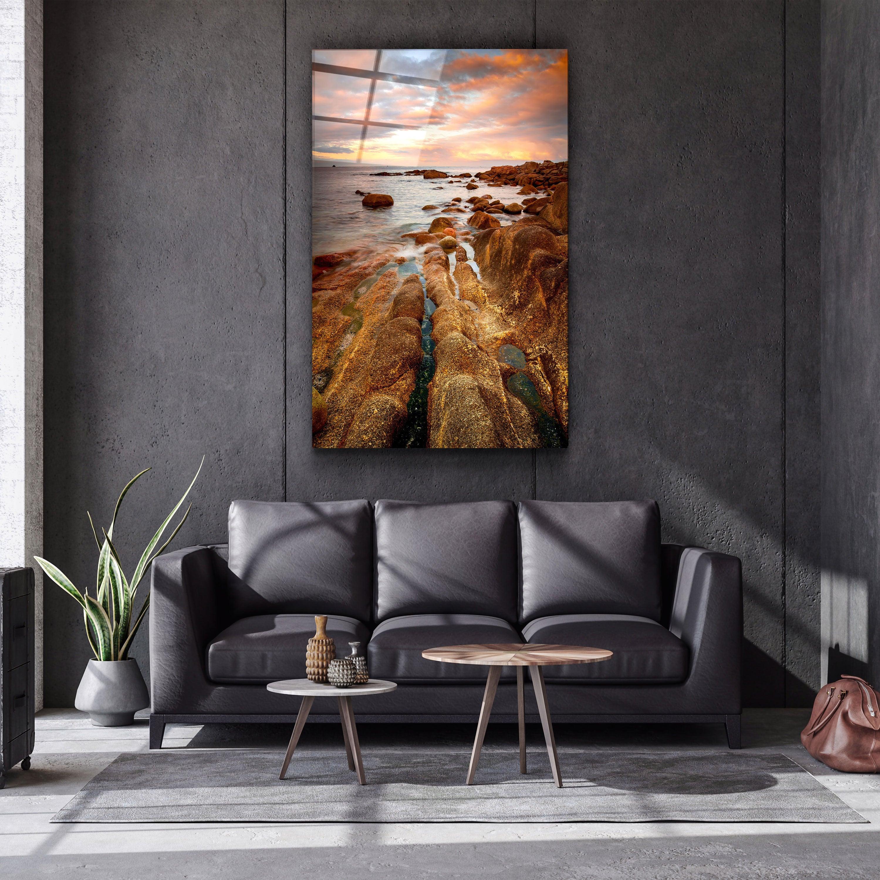 ・"Golden Rocks and Sunset"・Glass Wall Art