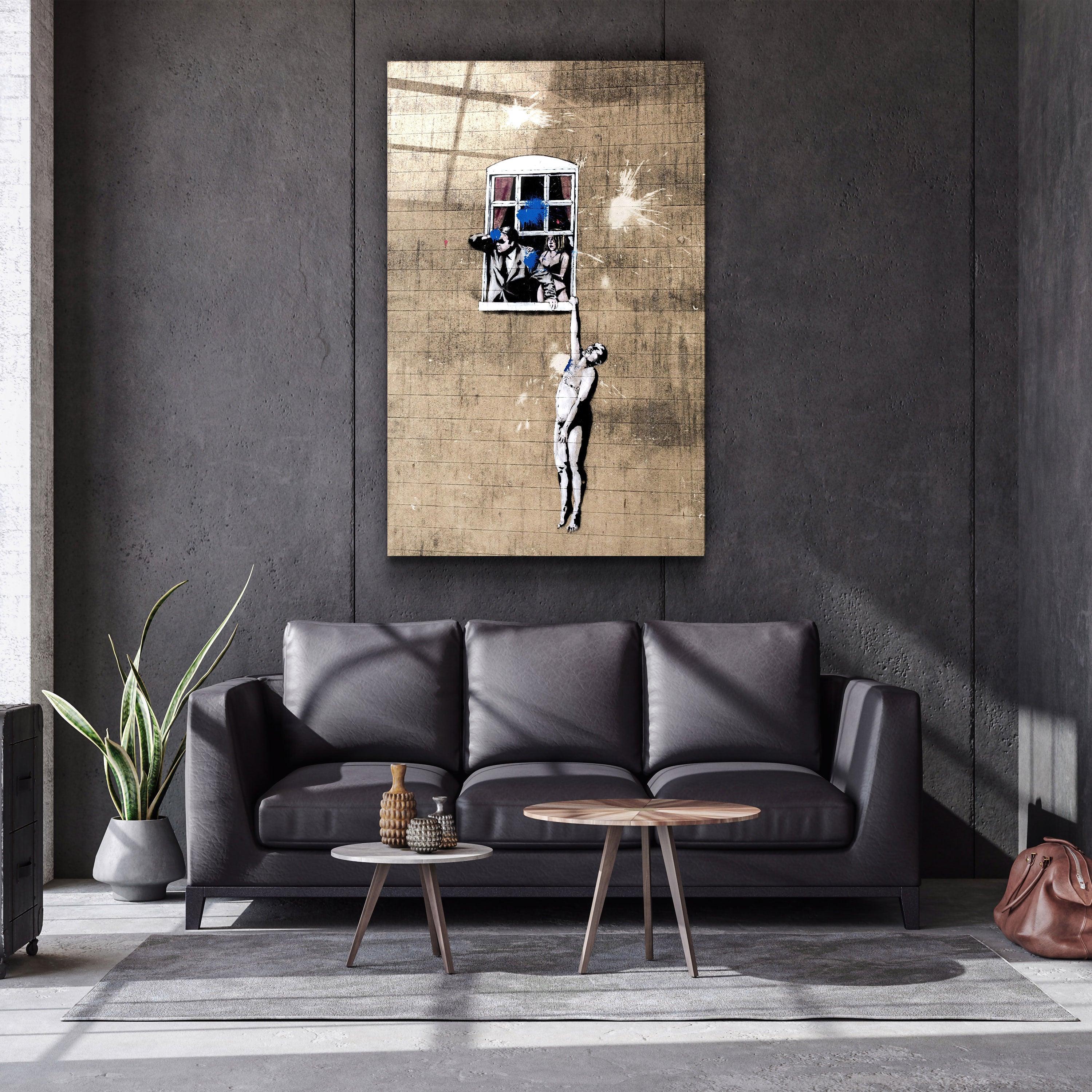 "Banksy - Man hanging from a window"・Glass Wall Art