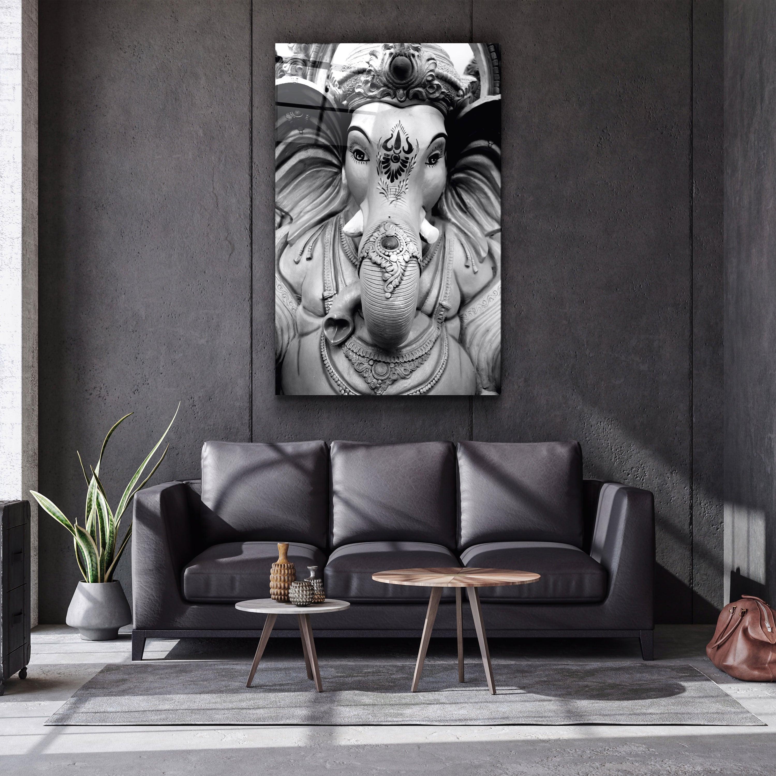 ・"Lord Ganesh B&W Sculpture"・Glass Wall Art - ArtDesigna Glass Printing Wall Art