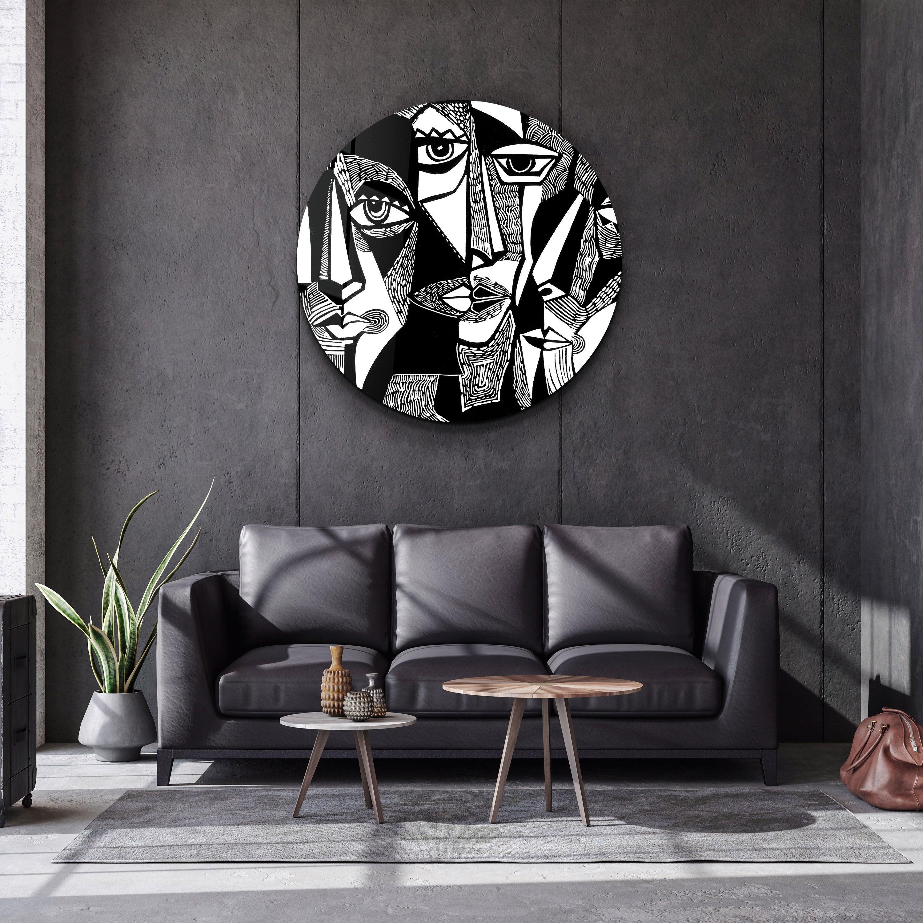 ・"African Faces Black and White"・Rounded Glass Wall Art