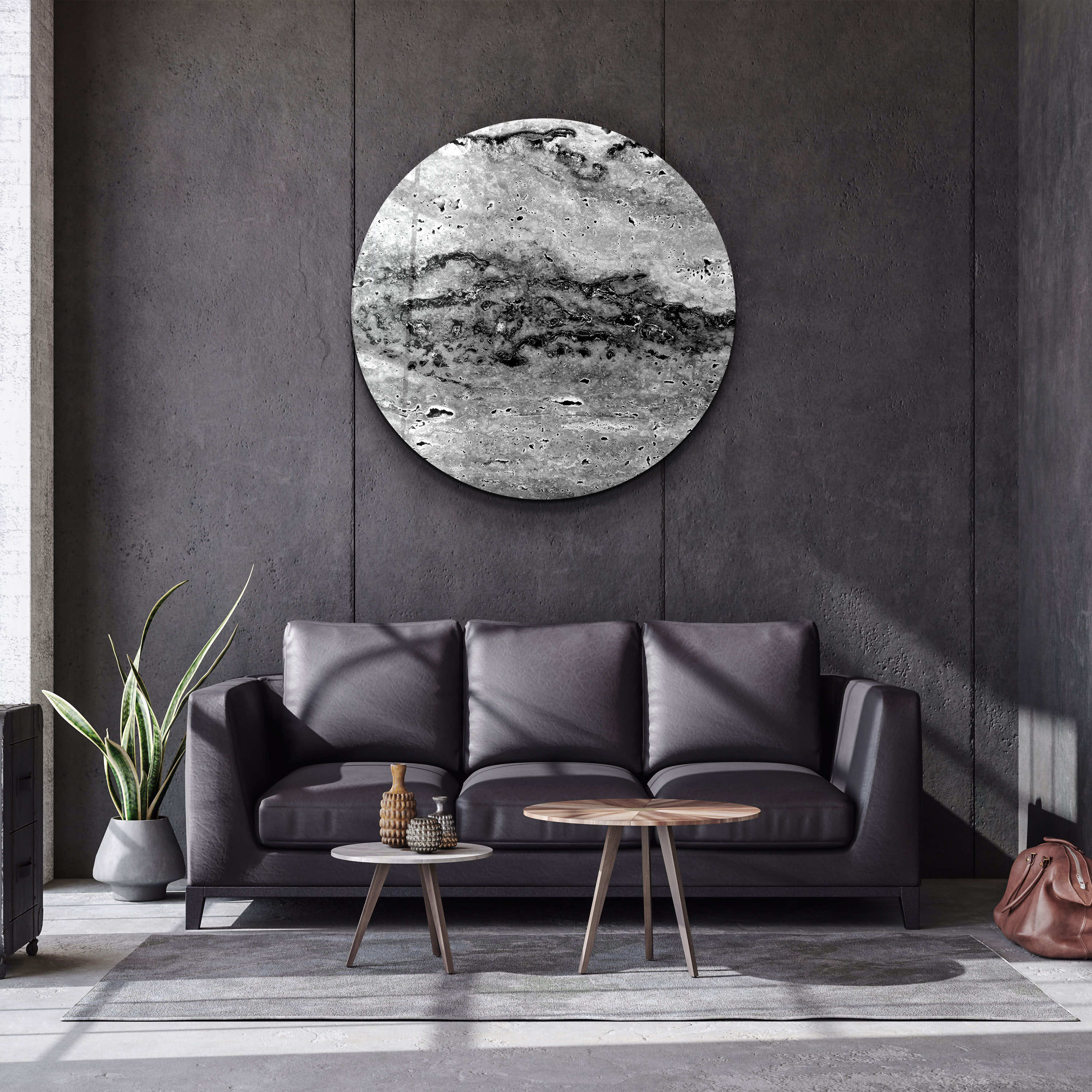 ・"Travertine - Black and White "・Rounded Glass Wall Art