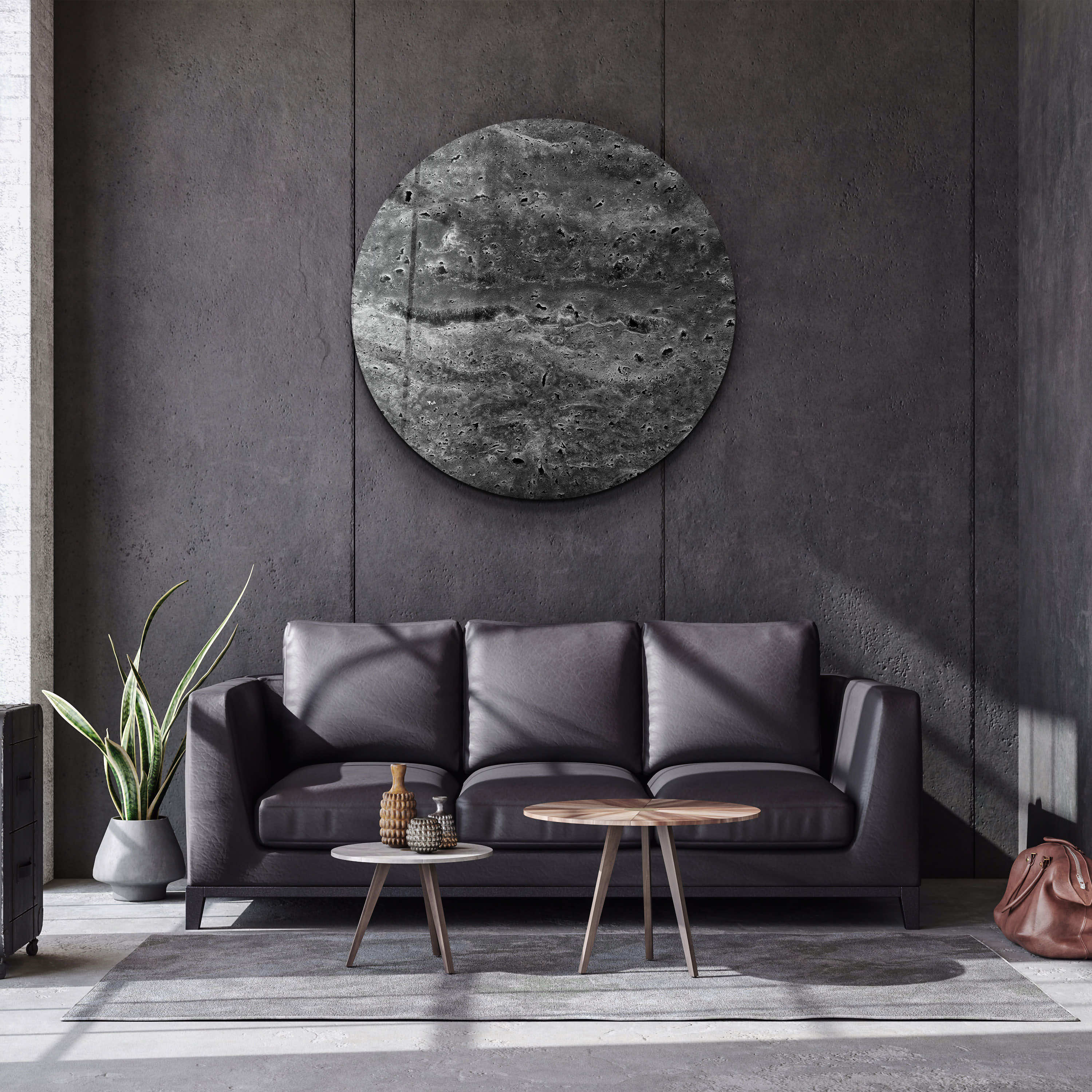 ・"Travertine - Moon - Black"・Rounded Glass Wall Art