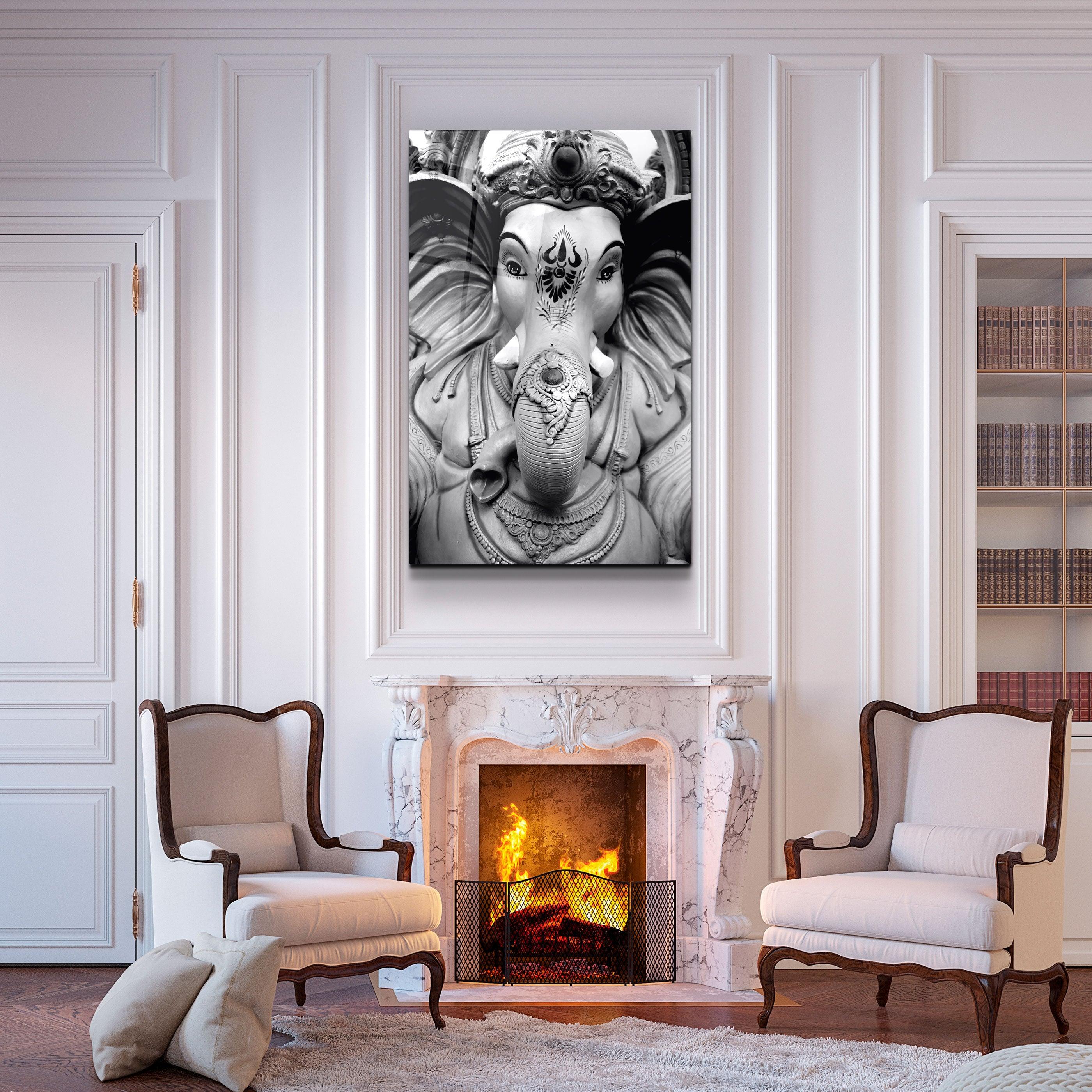 ・"Lord Ganesh B&W Sculpture"・Glass Wall Art