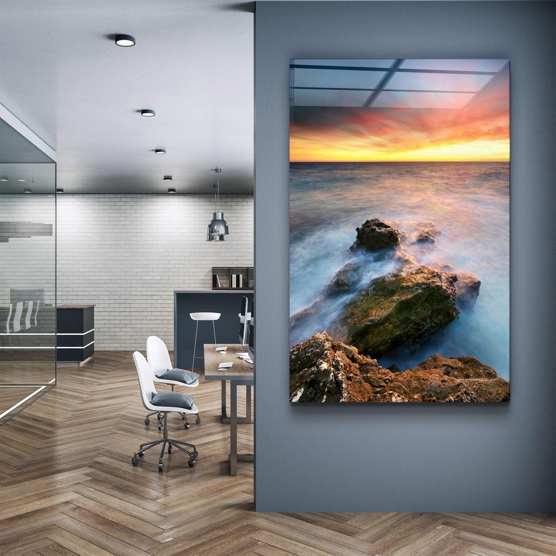 ・"Sunset and Rocks"・Glass Wall Art