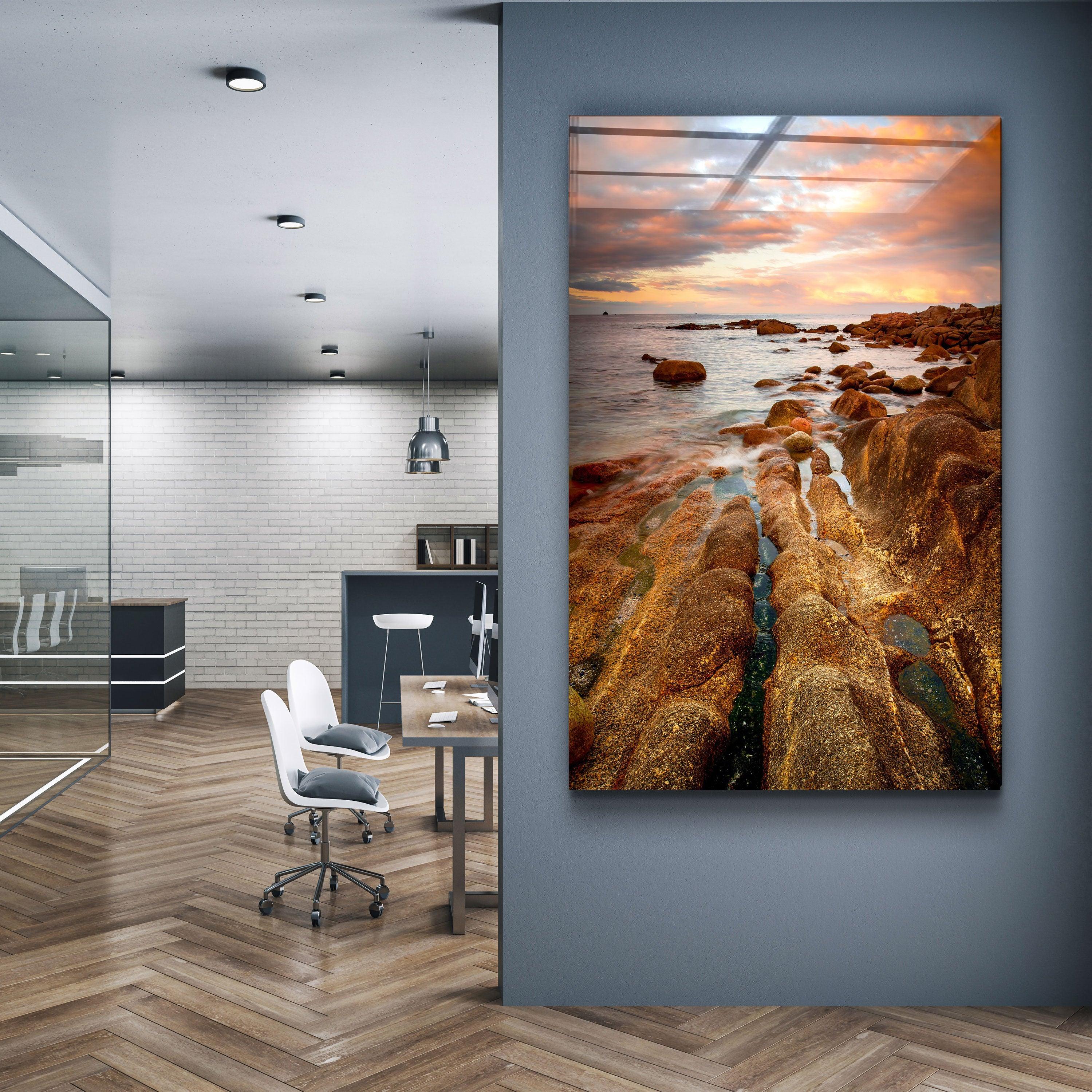 ・"Golden Rocks and Sunset"・Glass Wall Art
