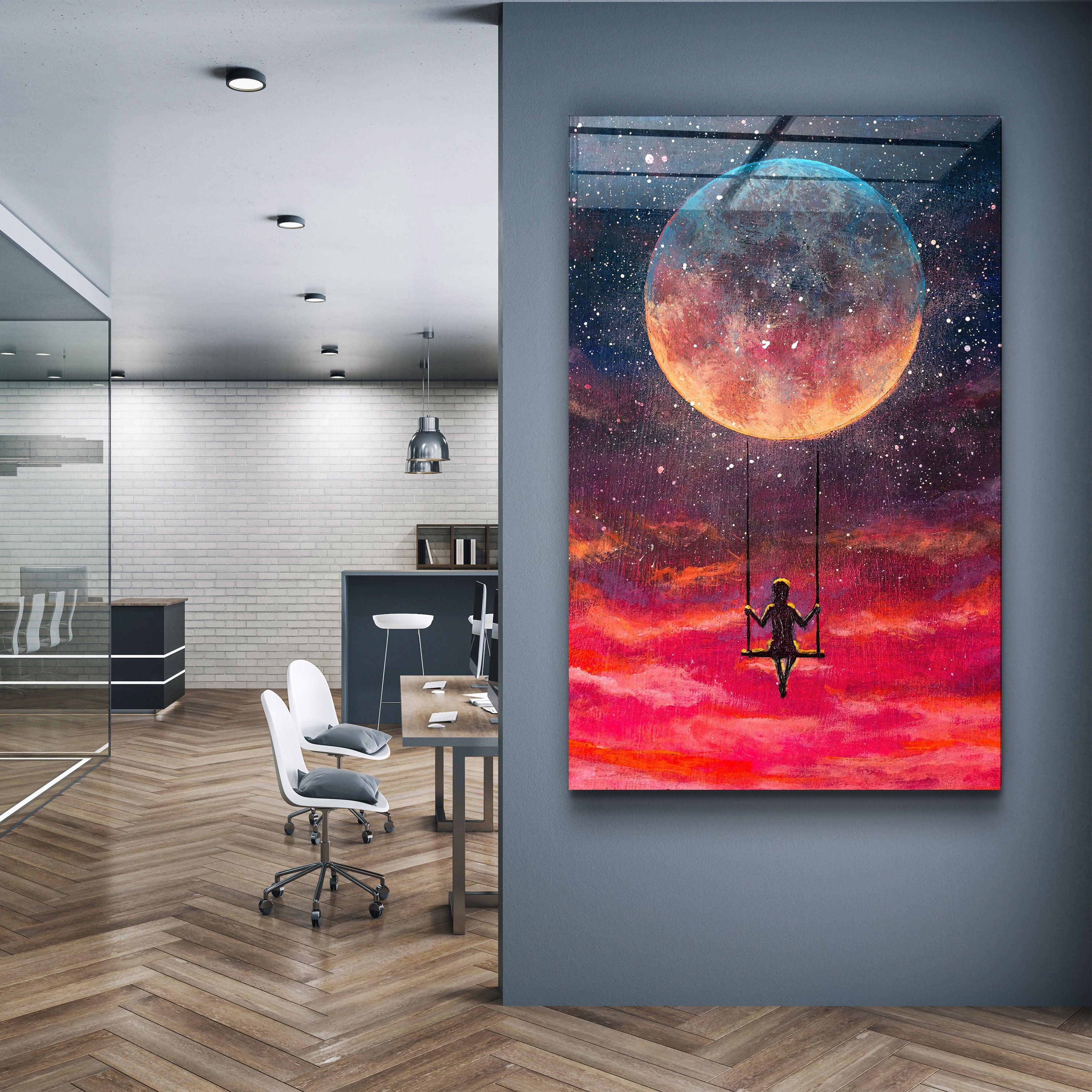 ・"Girl Swinging Under The Moon"・Glass Wall Art