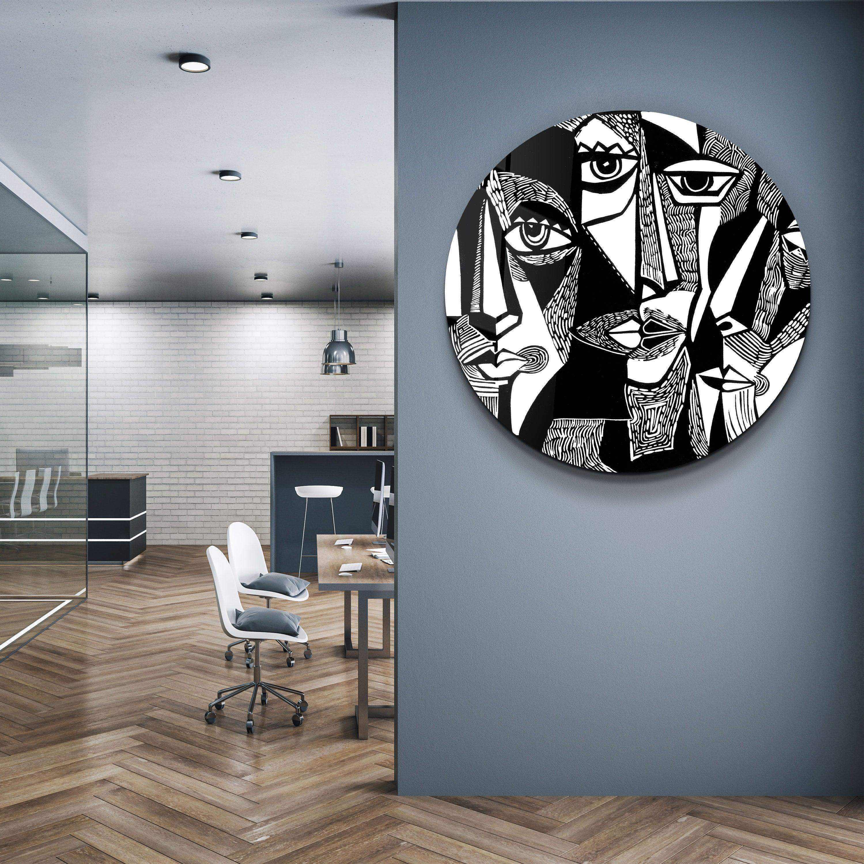 ・"African Faces Black and White"・Rounded Glass Wall Art