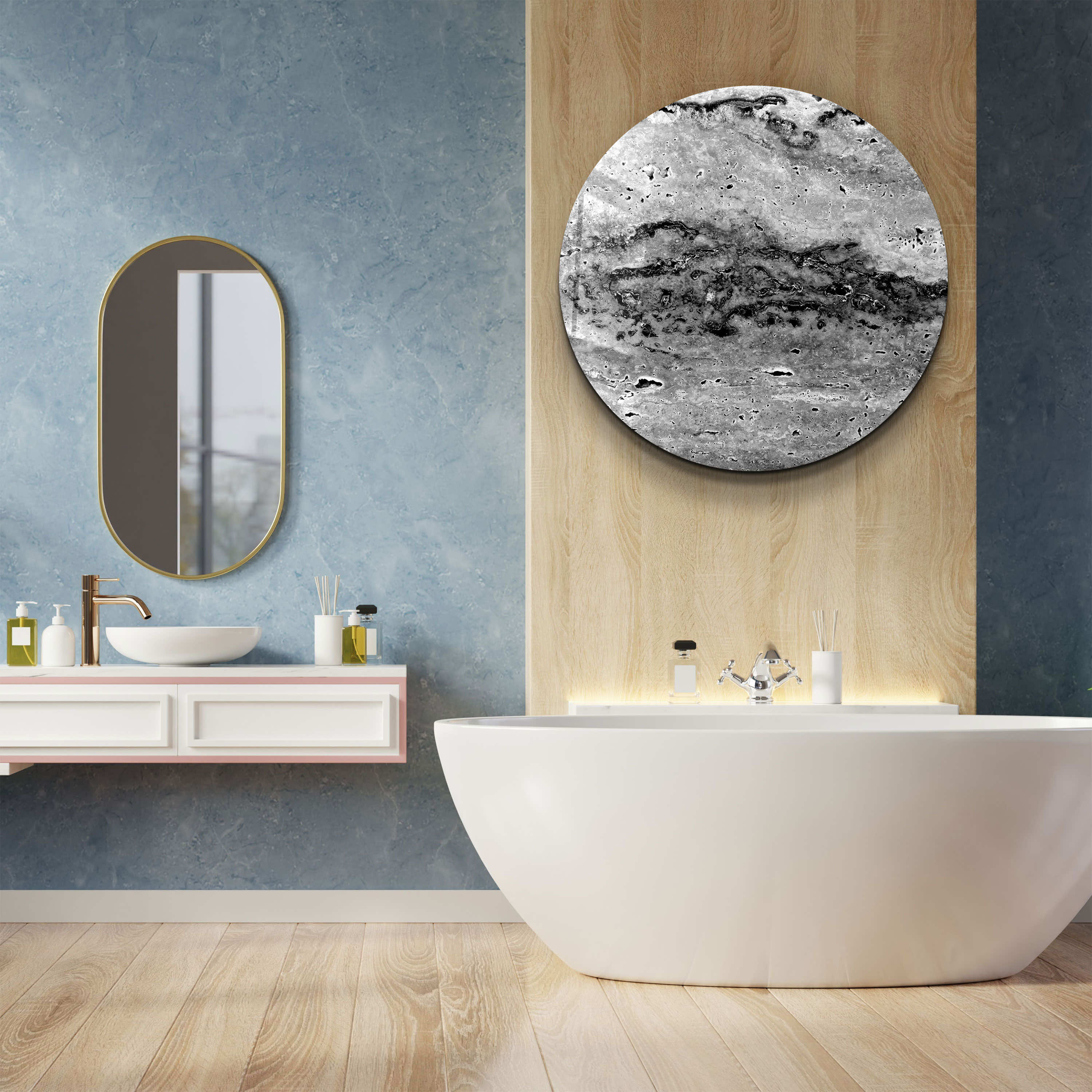 ・"Travertine - Black and White "・Rounded Glass Wall Art
