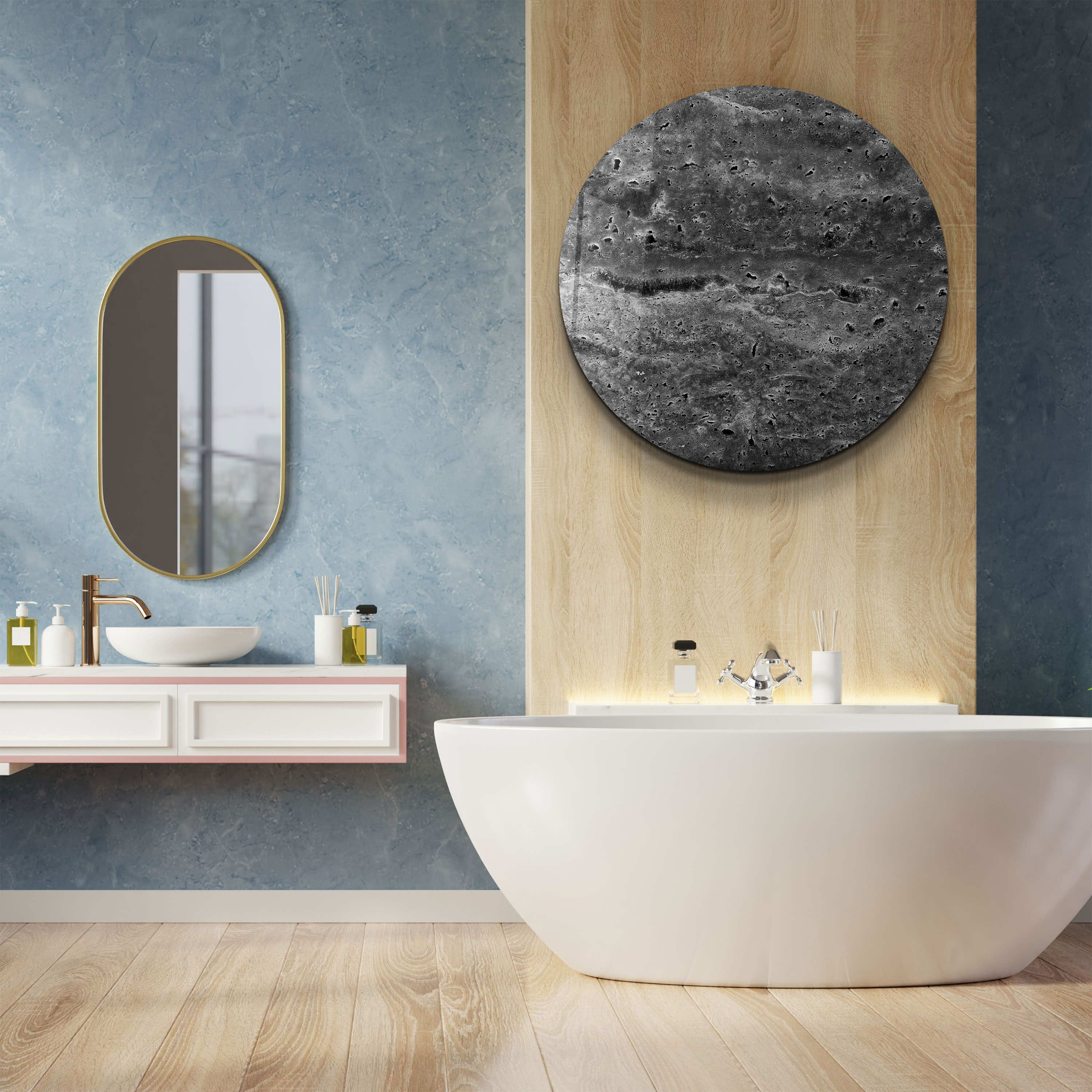 ・"Travertine - Moon - Black"・Rounded Glass Wall Art