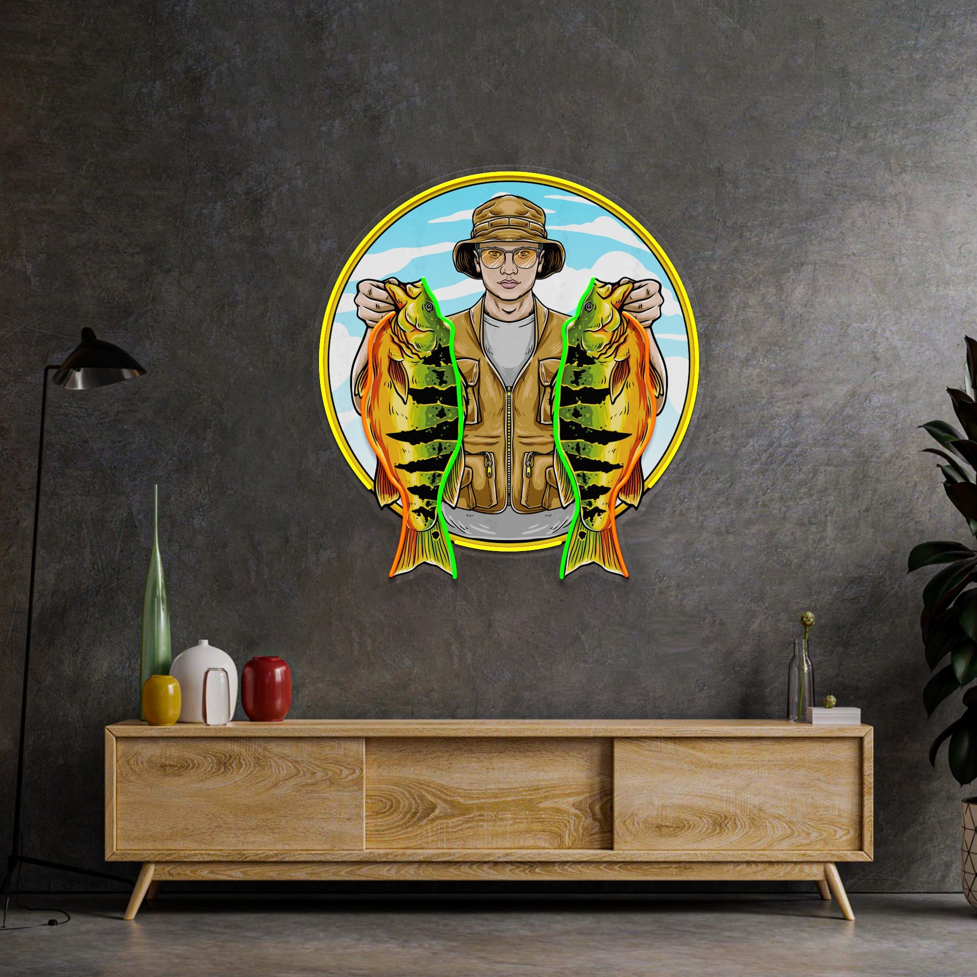 Fisherman Holding Peacock Bass LED Neon Sign Light Pop Art