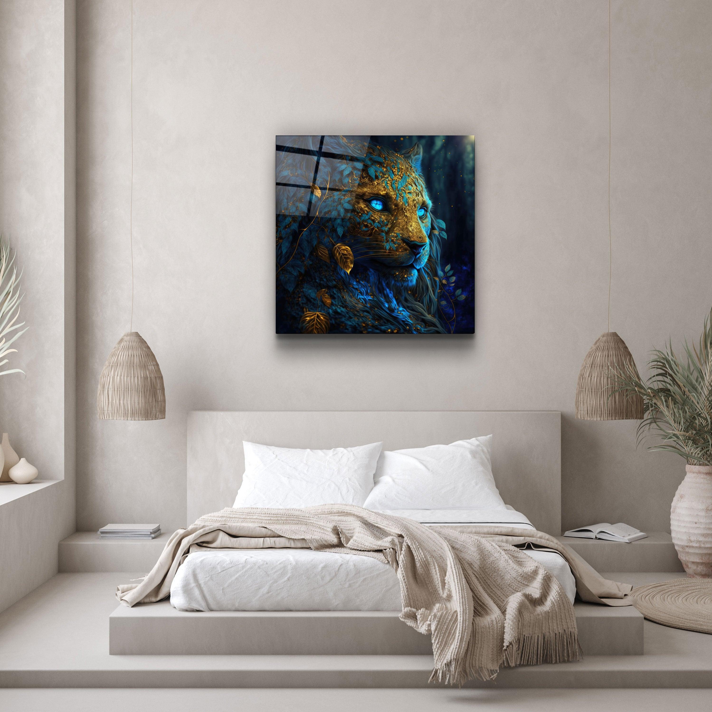 ."Majestic Blue-Eyed Leopard". Secret World Collection Glass Wall Art