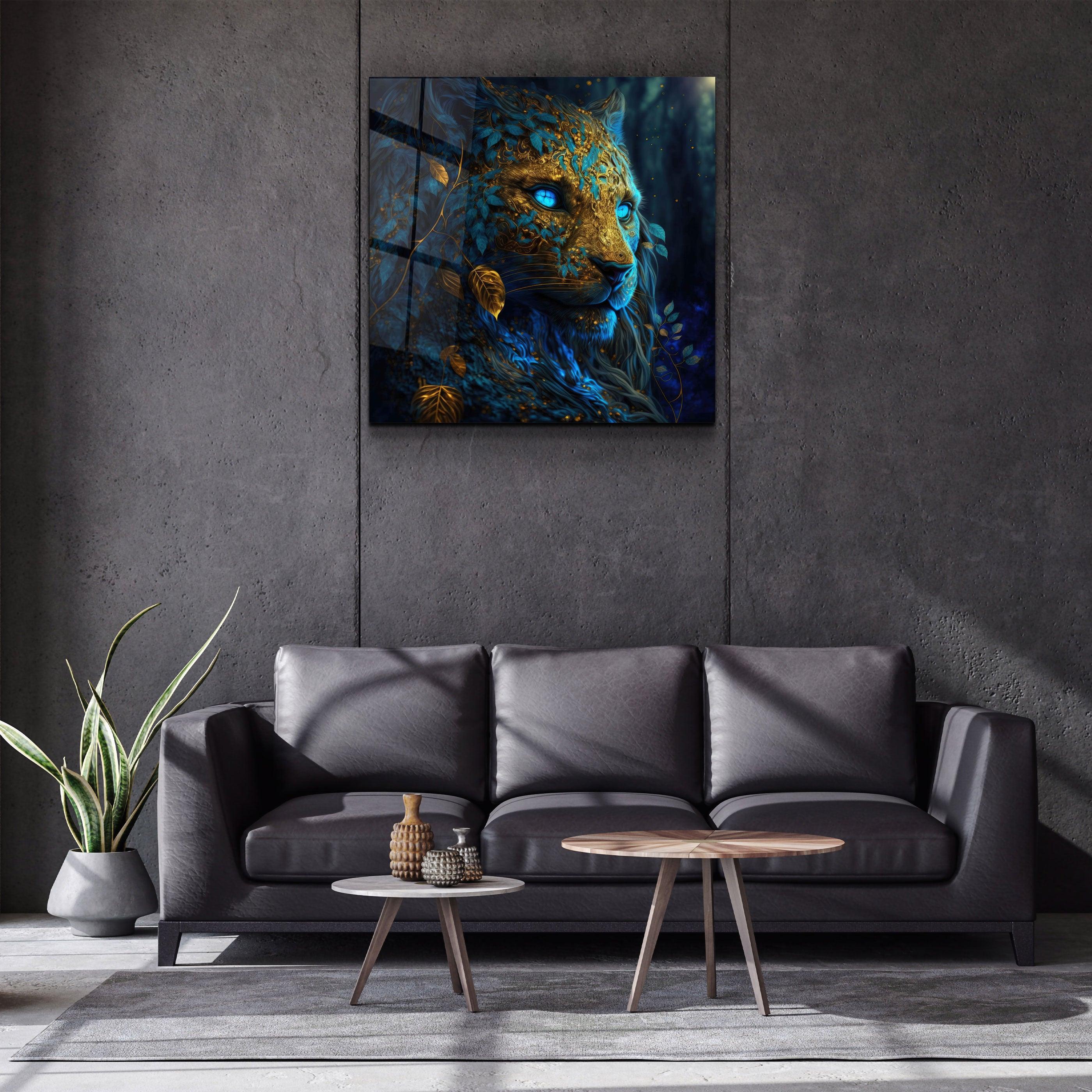 ."Majestic Blue-Eyed Leopard". Secret World Collection Glass Wall Art