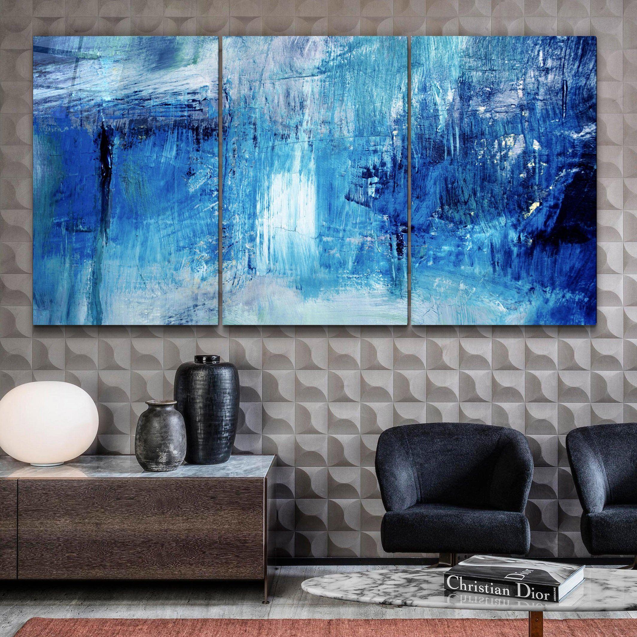 ・"Blue Fall- Trio"・Glass Wall Art