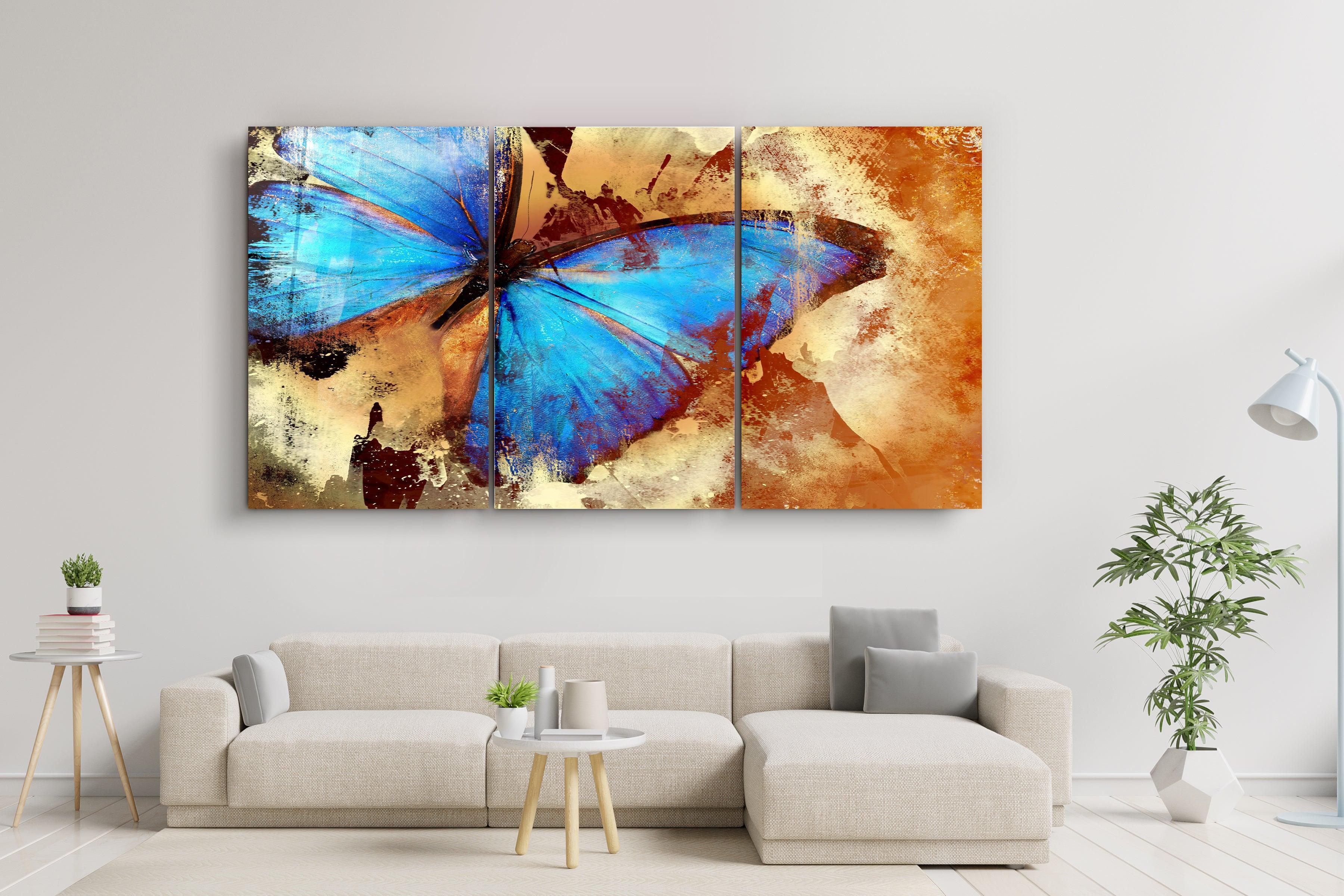 ・"Blue Butterfly - Trio"・Glass Wall Art