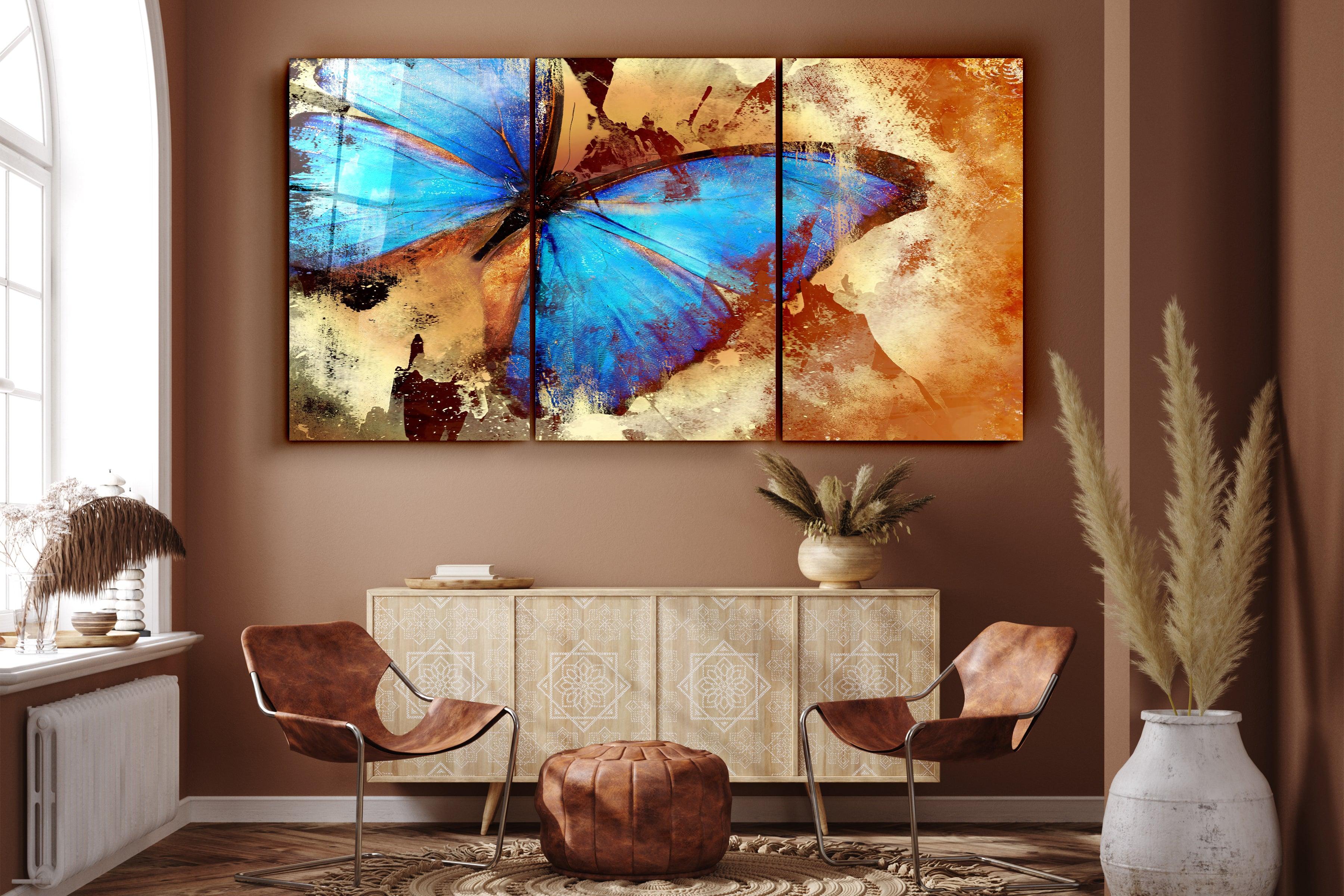 ・"Blue Butterfly - Trio"・Glass Wall Art