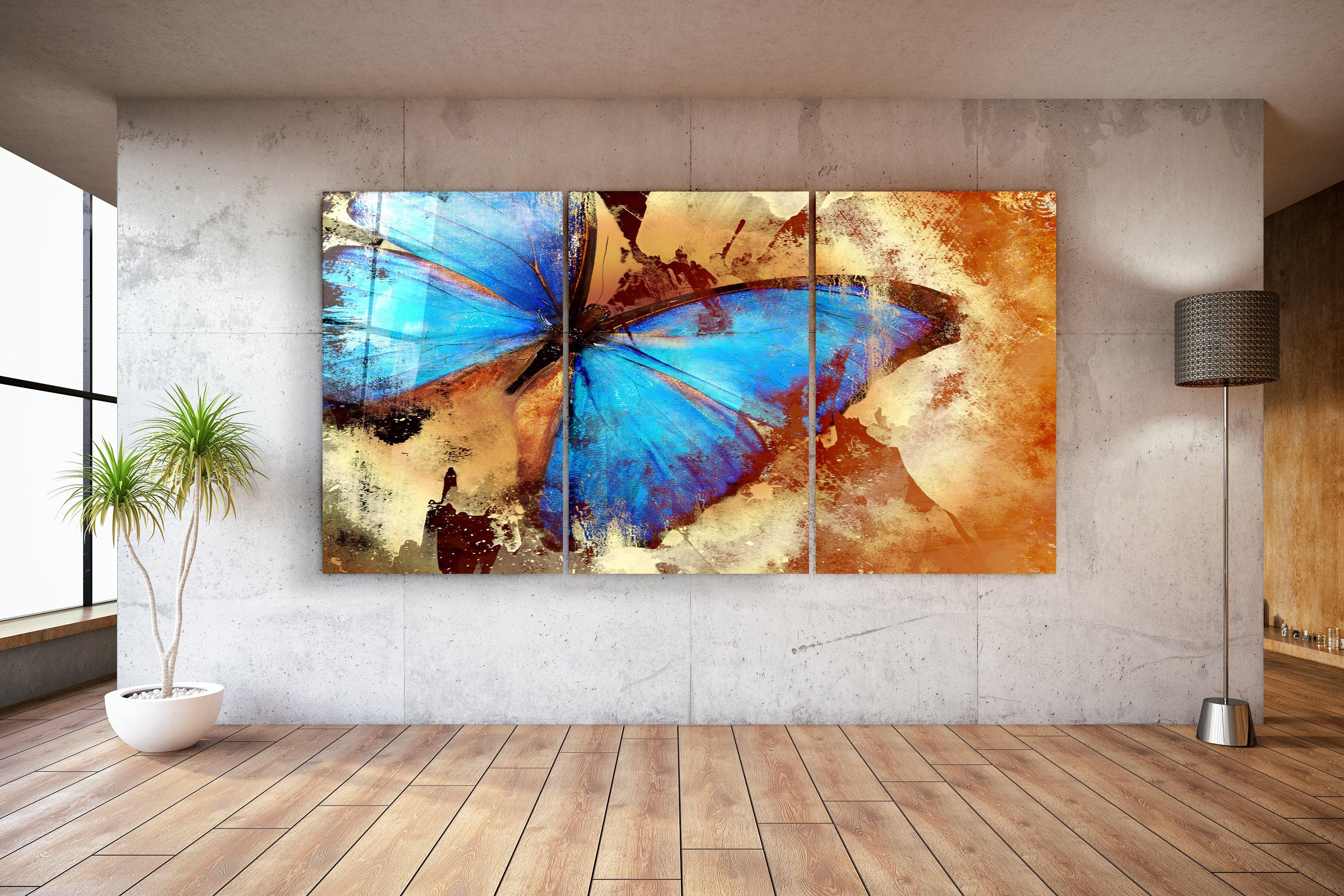 ・"Blue Butterfly - Trio"・Glass Wall Art