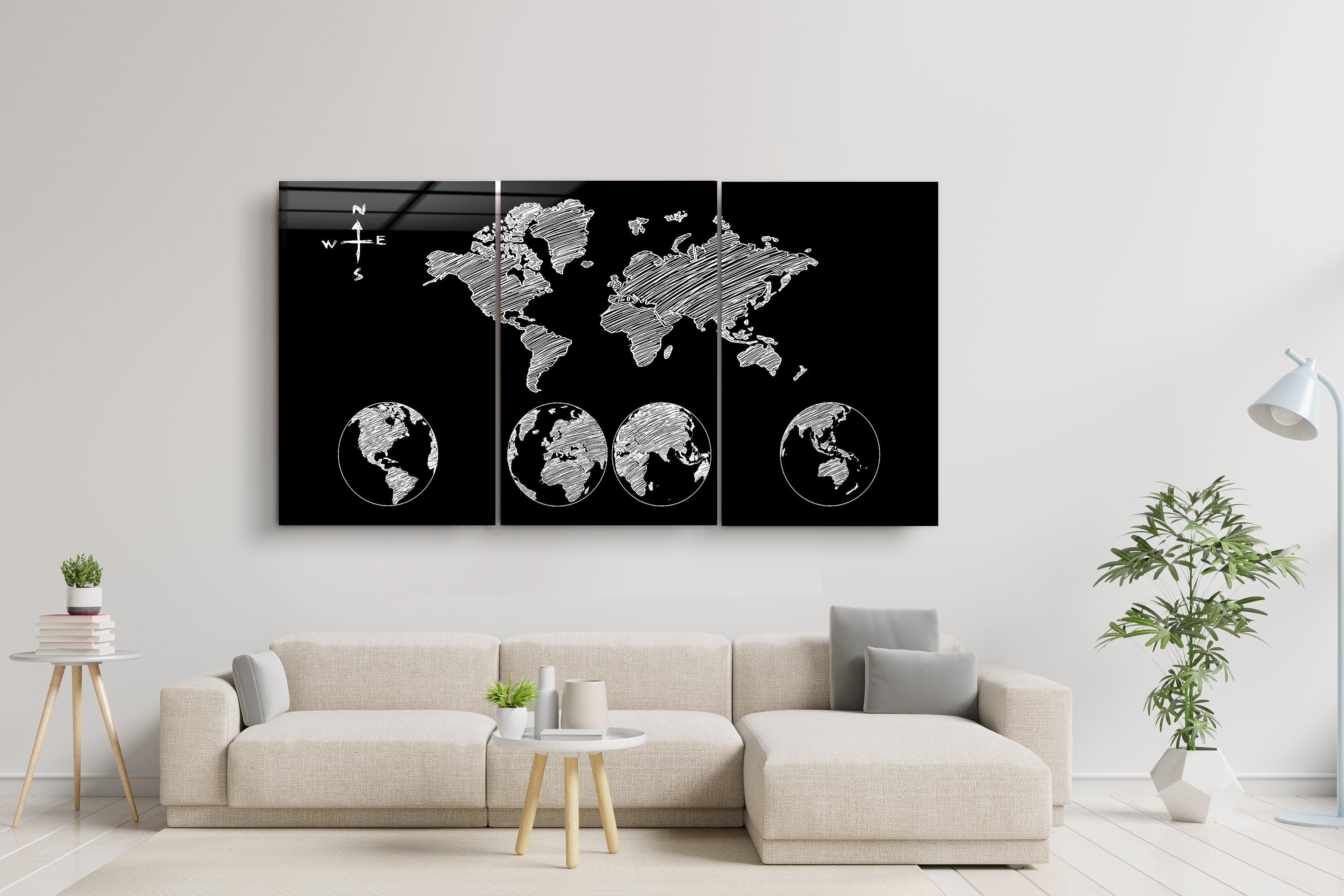 ・"World Map Black - Trio"・Glass Wall Art