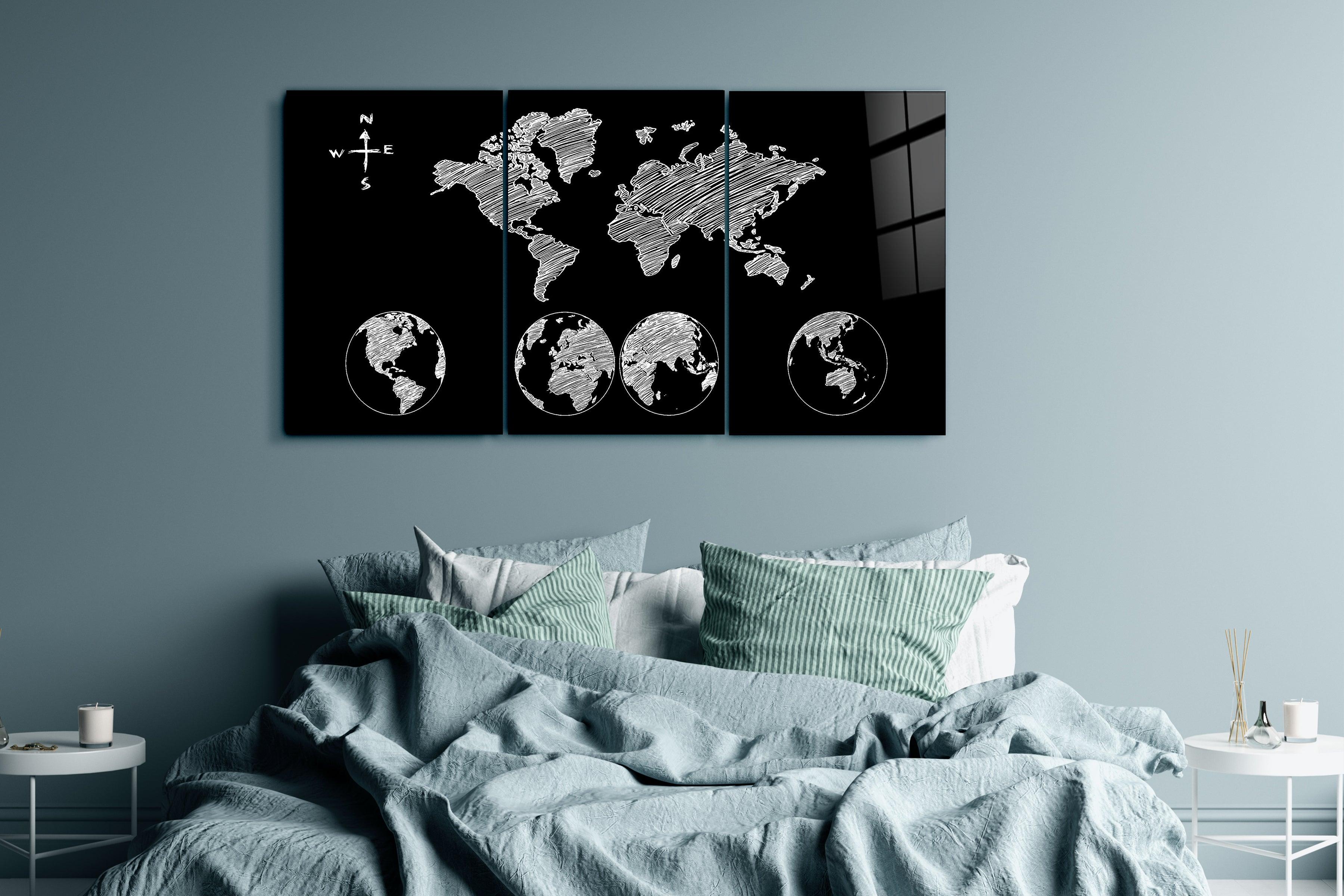 ・"World Map Black - Trio"・Glass Wall Art