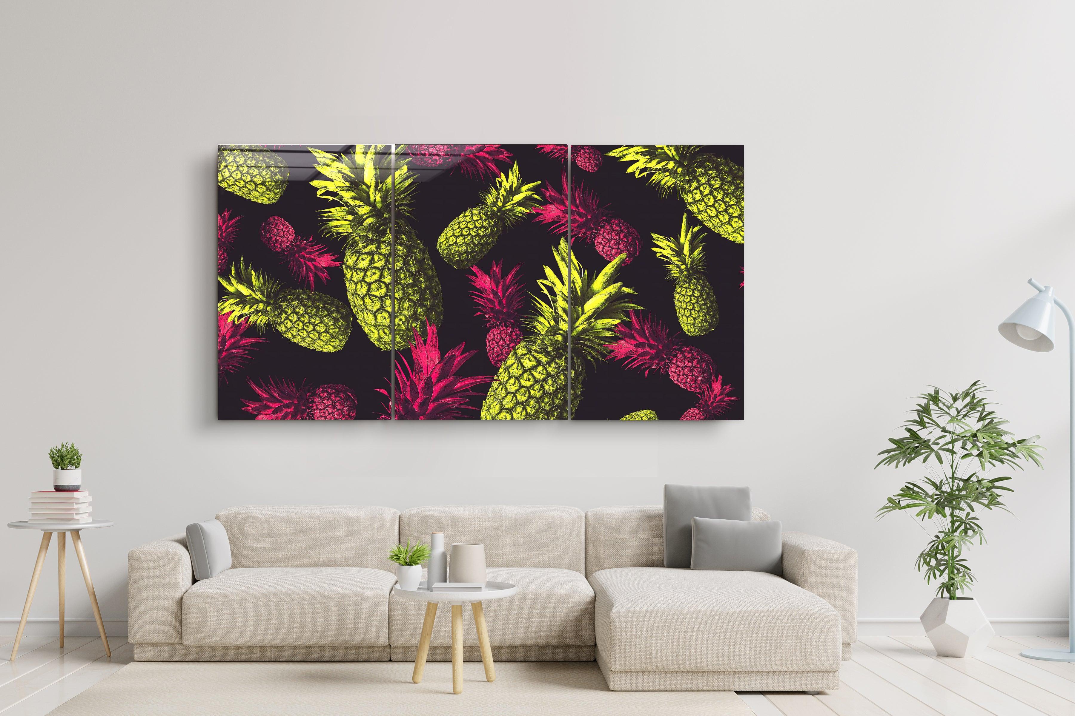 ・"Colorful Pineapples - Trio"・Glass Wall Art