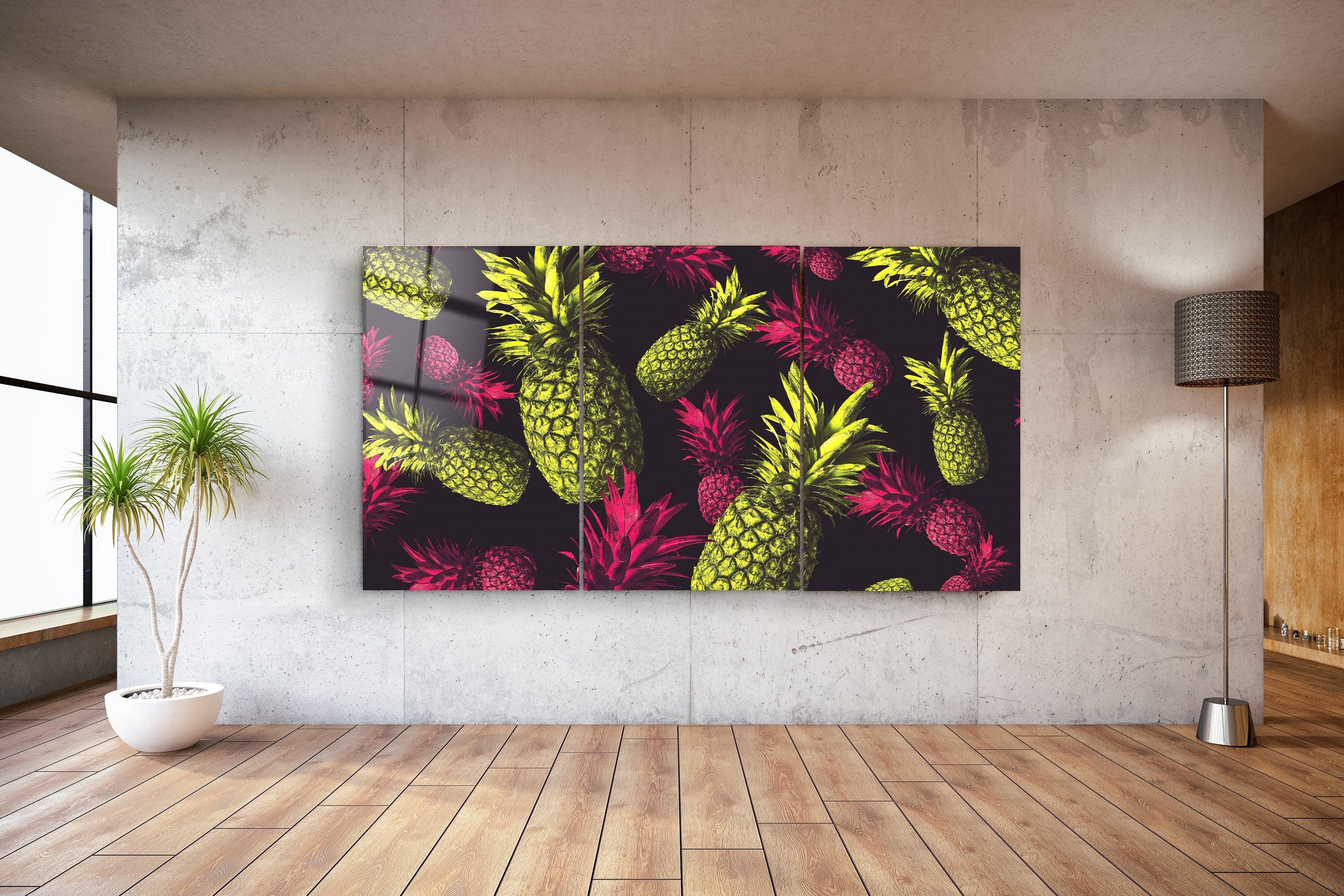 ・"Colorful Pineapples - Trio"・Glass Wall Art