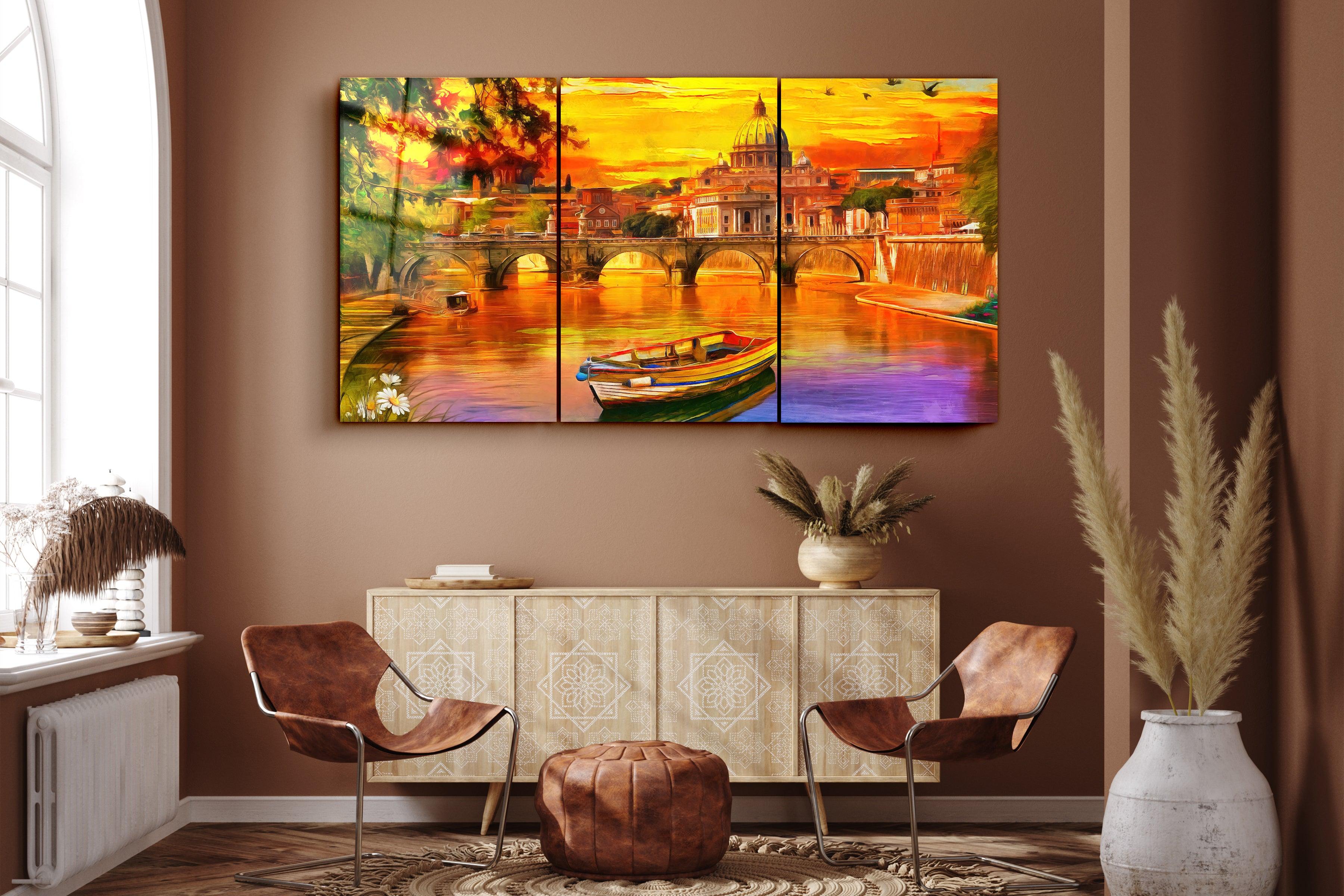 ・"Oil Painting Old River - Trio"・Glass Wall Art