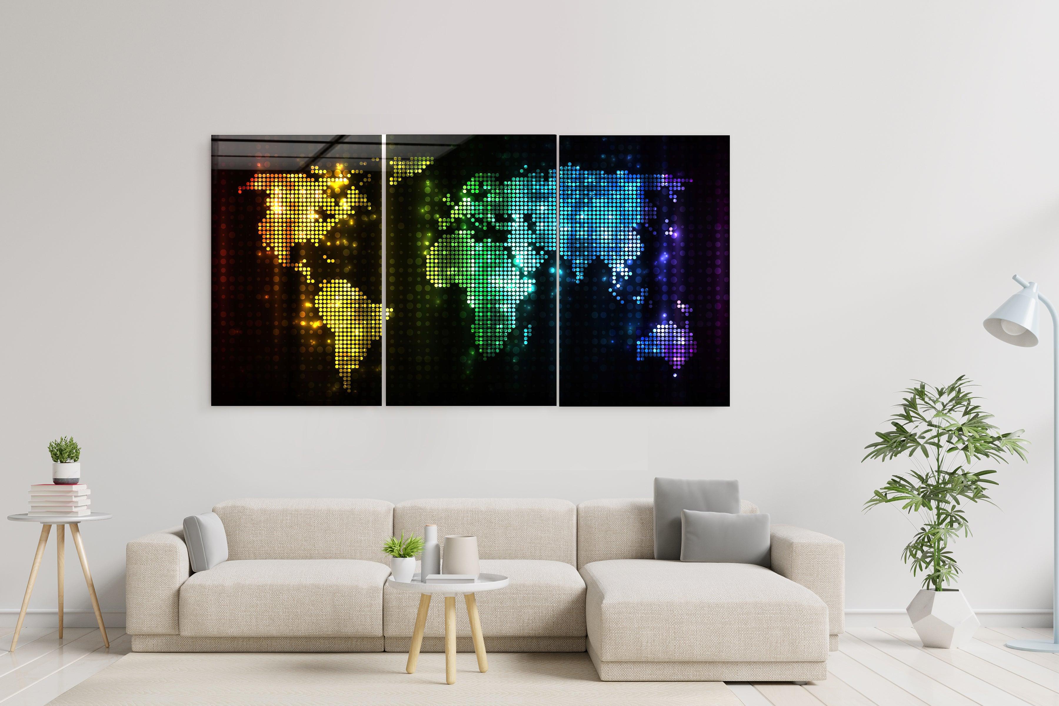 ・"World Map Dot Design - Trio"・Glass Wall Art