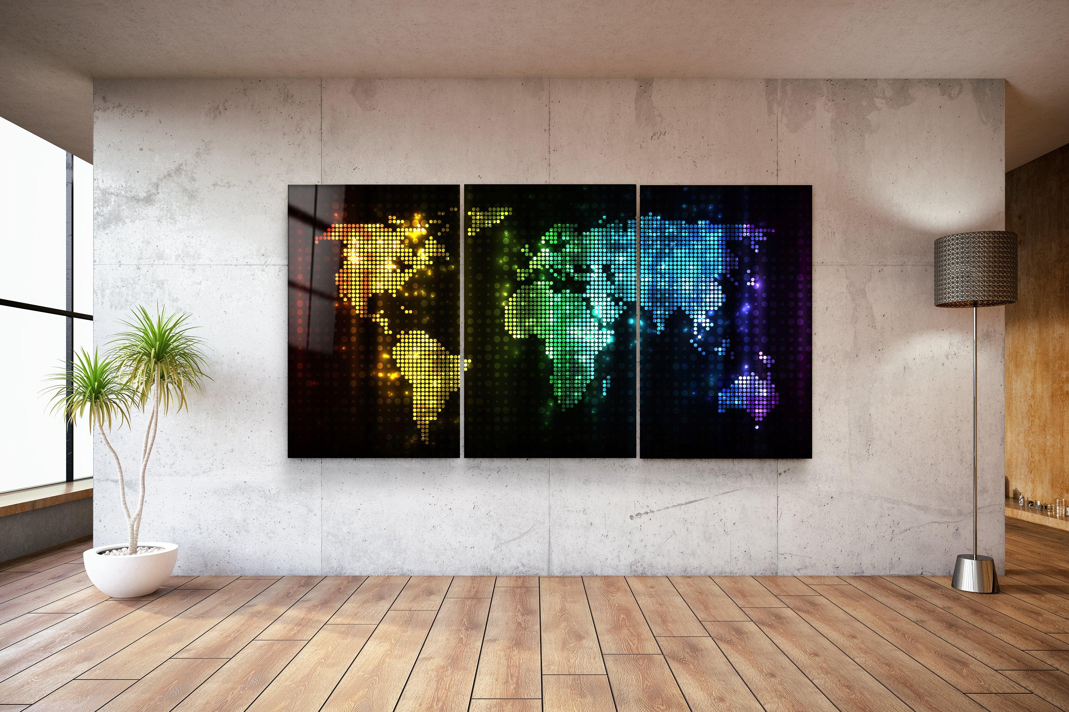 ・"World Map Dot Design - Trio"・Glass Wall Art