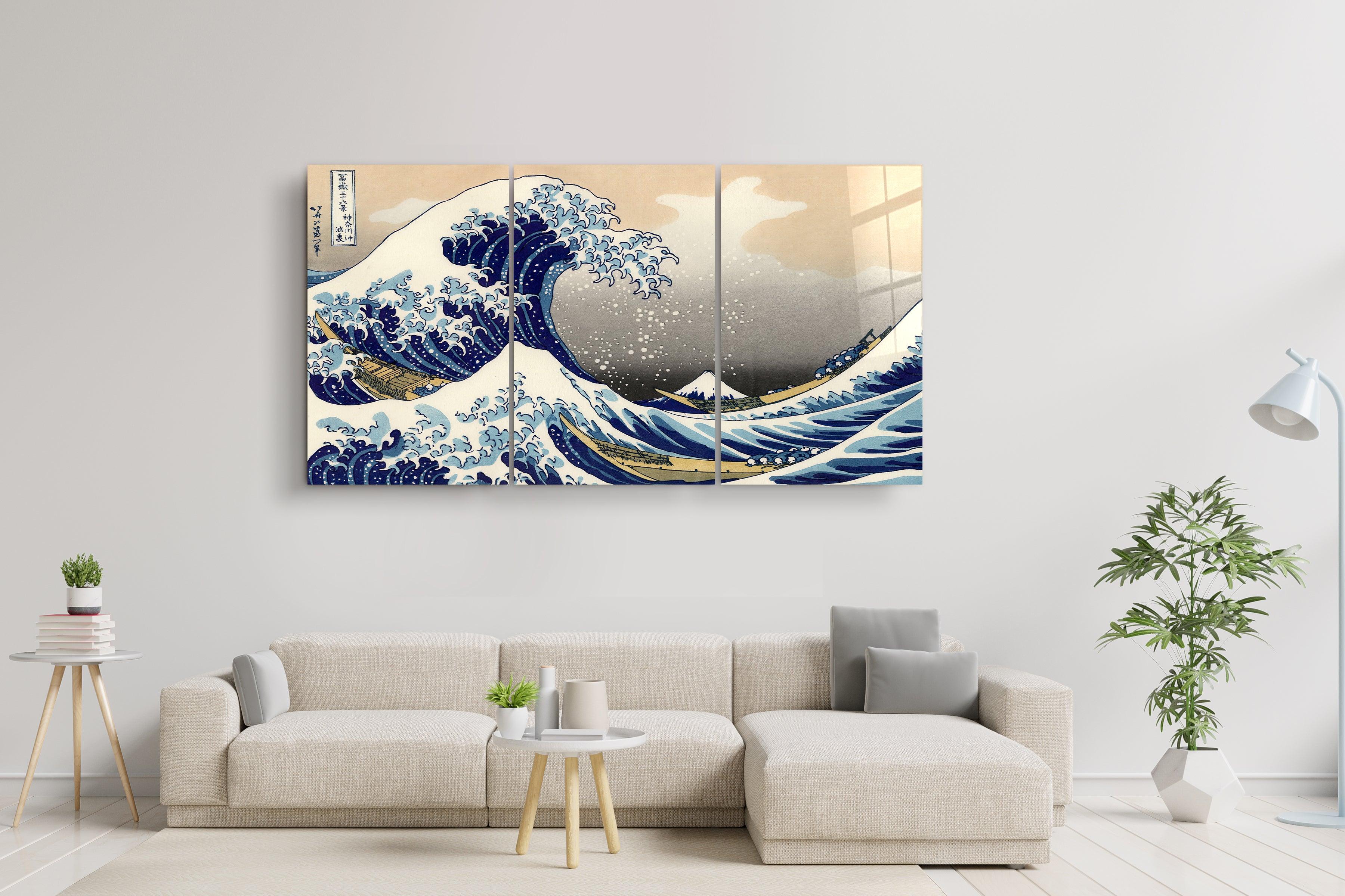 ・"THE GREAT WAVE OFF KANAGAWA (1829) BY HOKUSAI- Trio"・Glass Wall Art