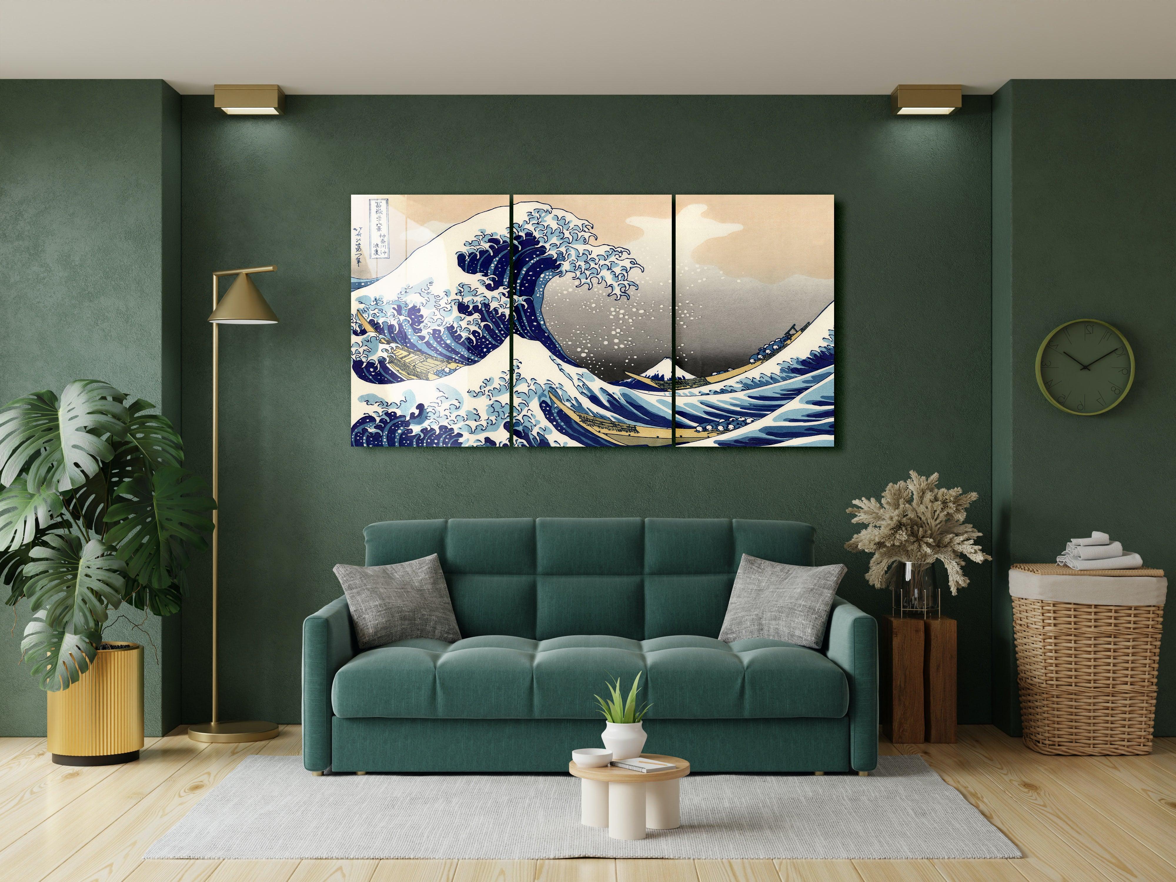 ・"THE GREAT WAVE OFF KANAGAWA (1829) BY HOKUSAI- Trio"・Glass Wall Art