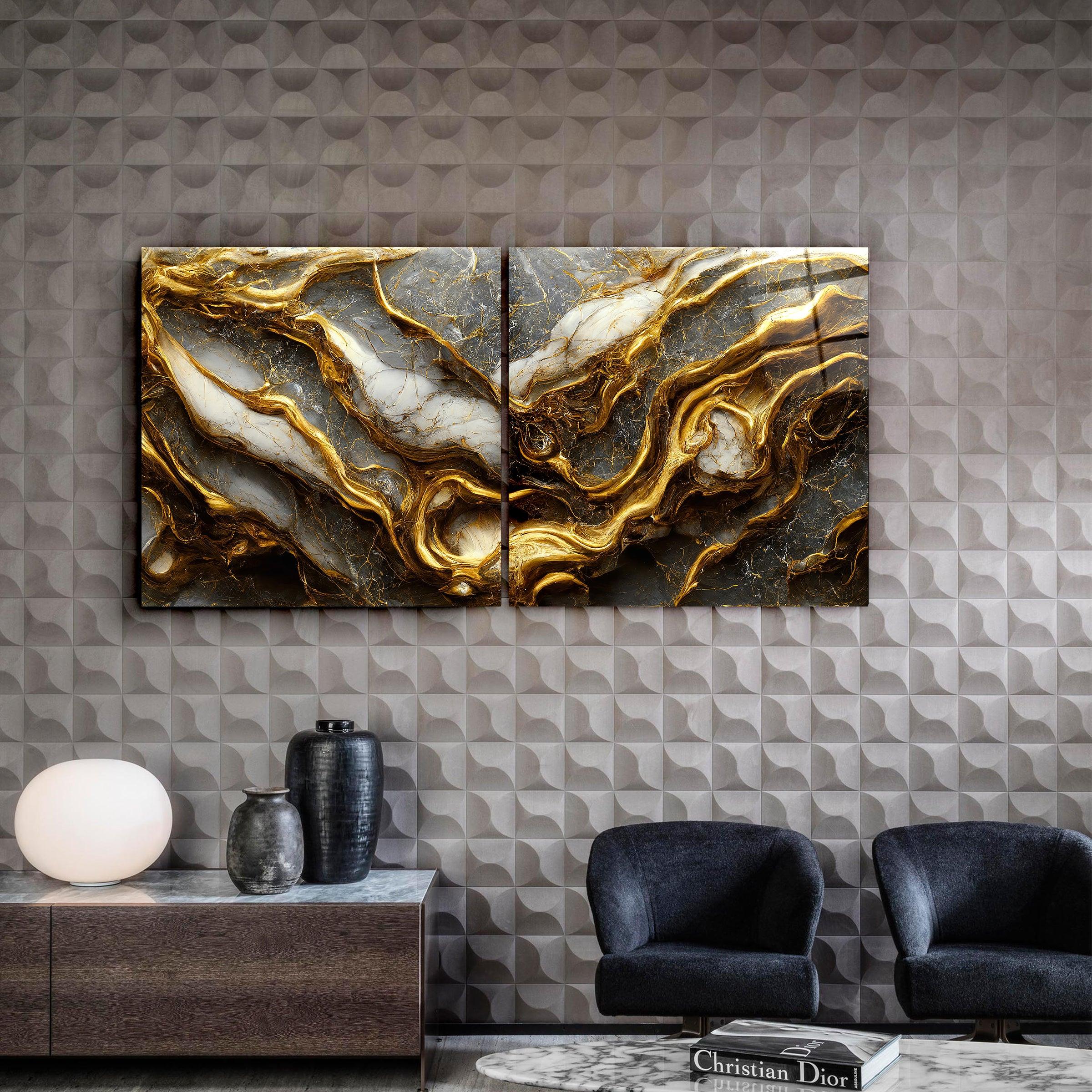 ・"Golden Roots in the Marble - Duo"・Glass Wall Art