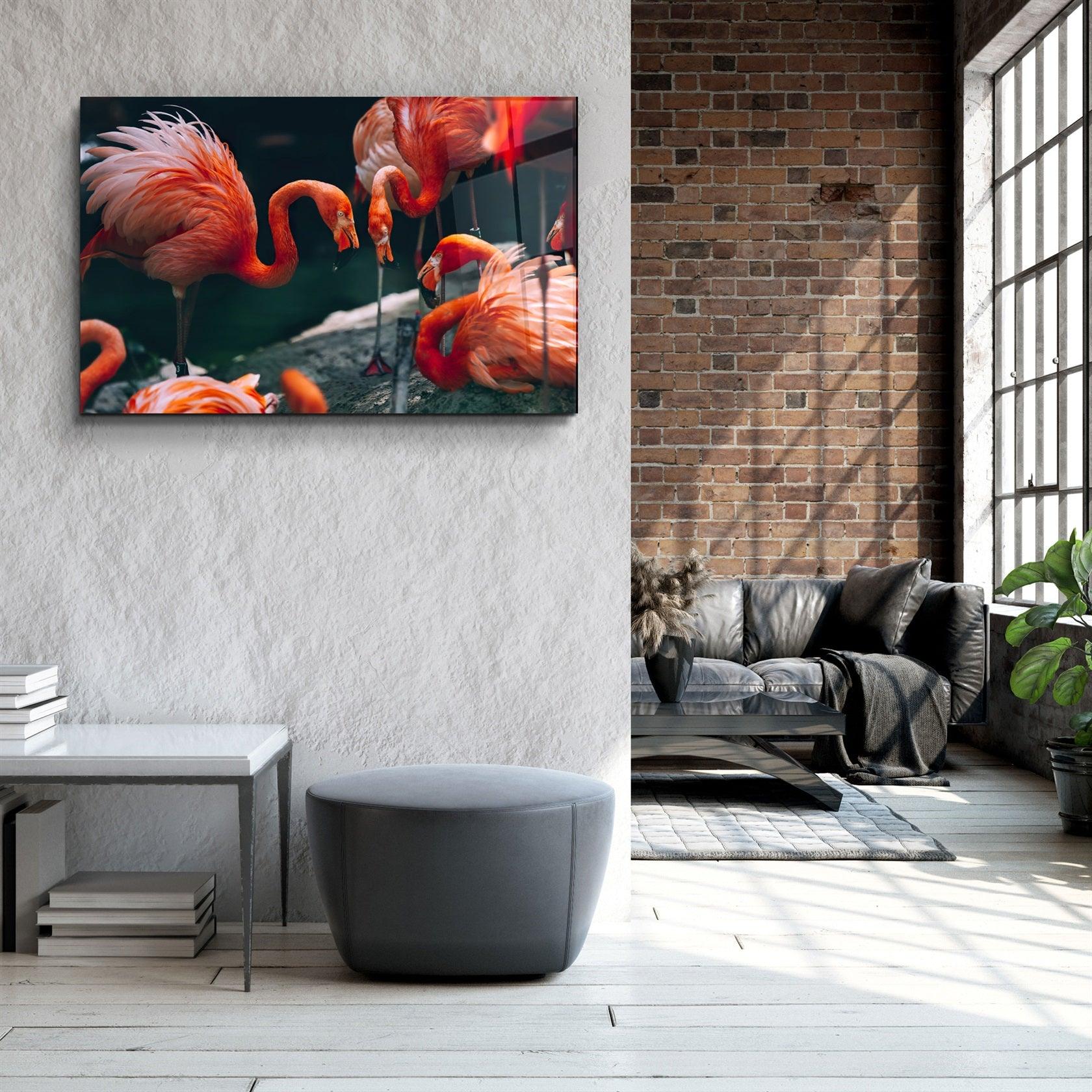 ・"Orange Flamingos"・Glass Wall Art