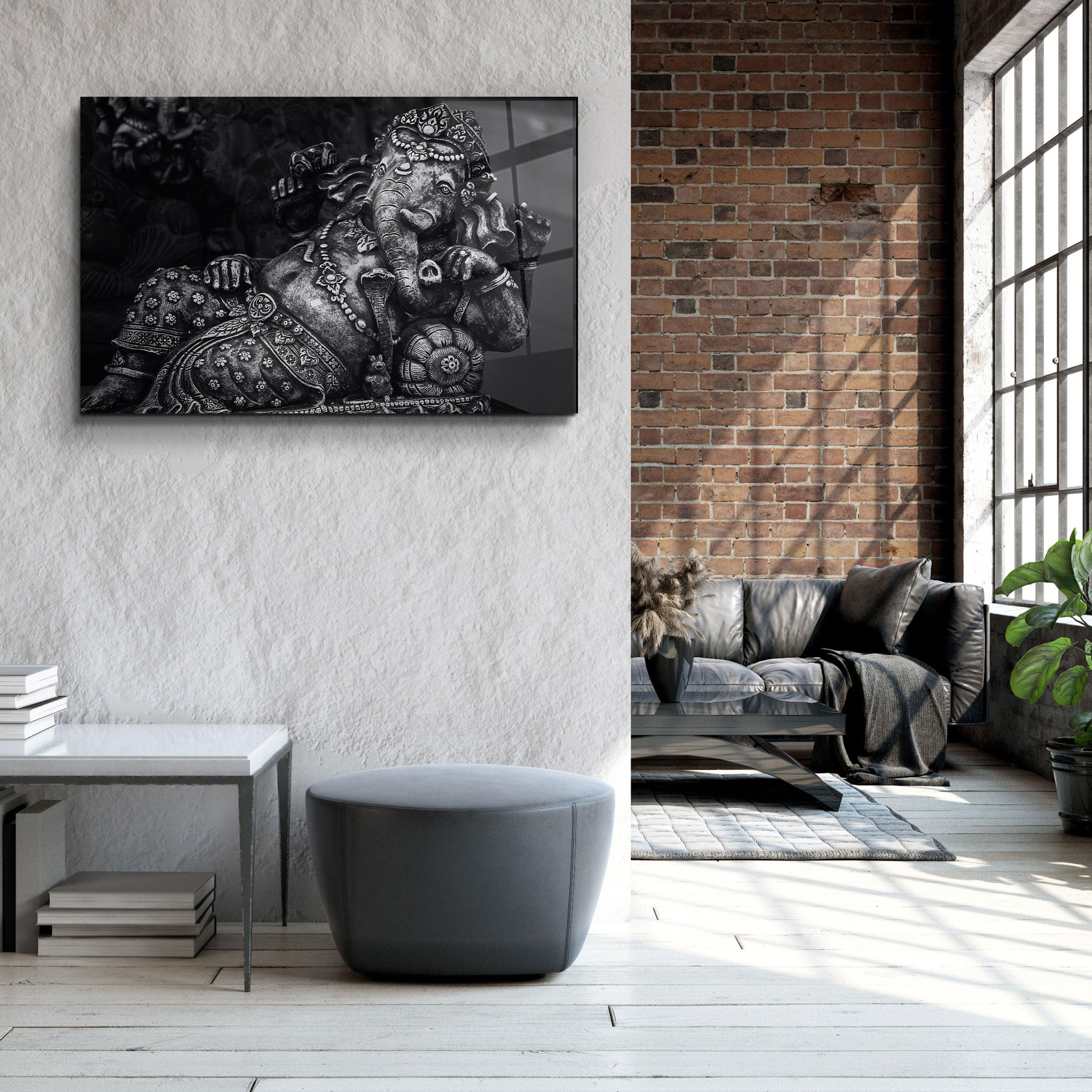 ・"Lord Ganesha Sculpture B&W"・Glass Wall Art