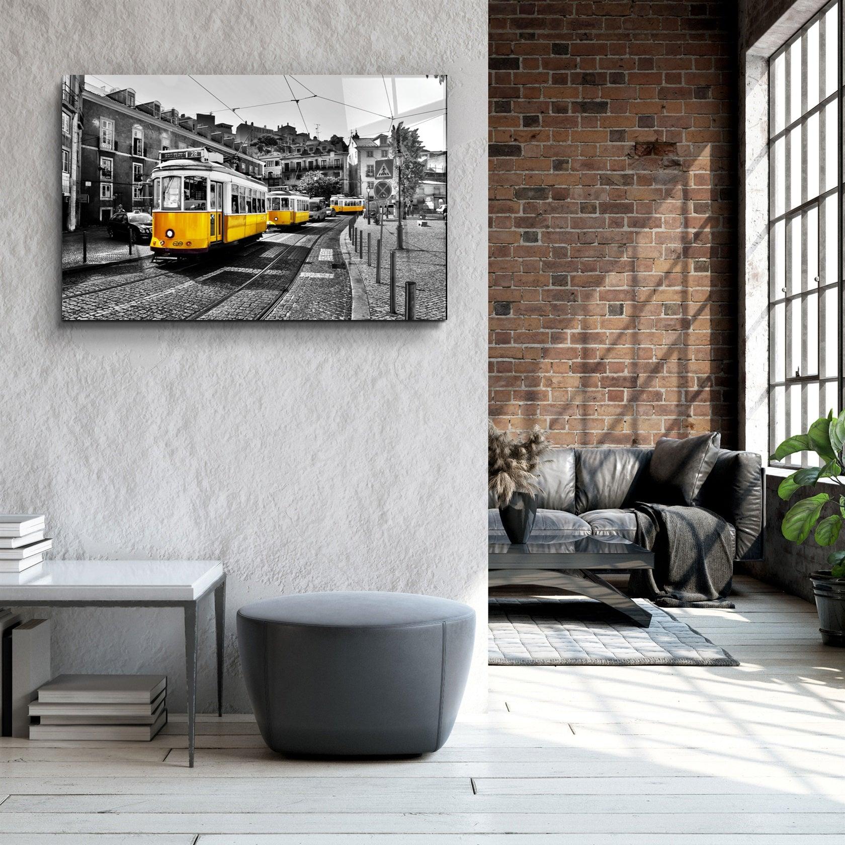 ・"Yellow Tram (Lisbon)"・Glass Wall Art