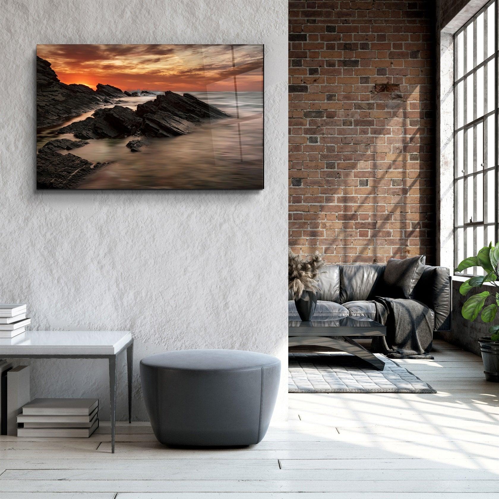 ・"Sharp Rocks and Sunset"・Glass Wall Art
