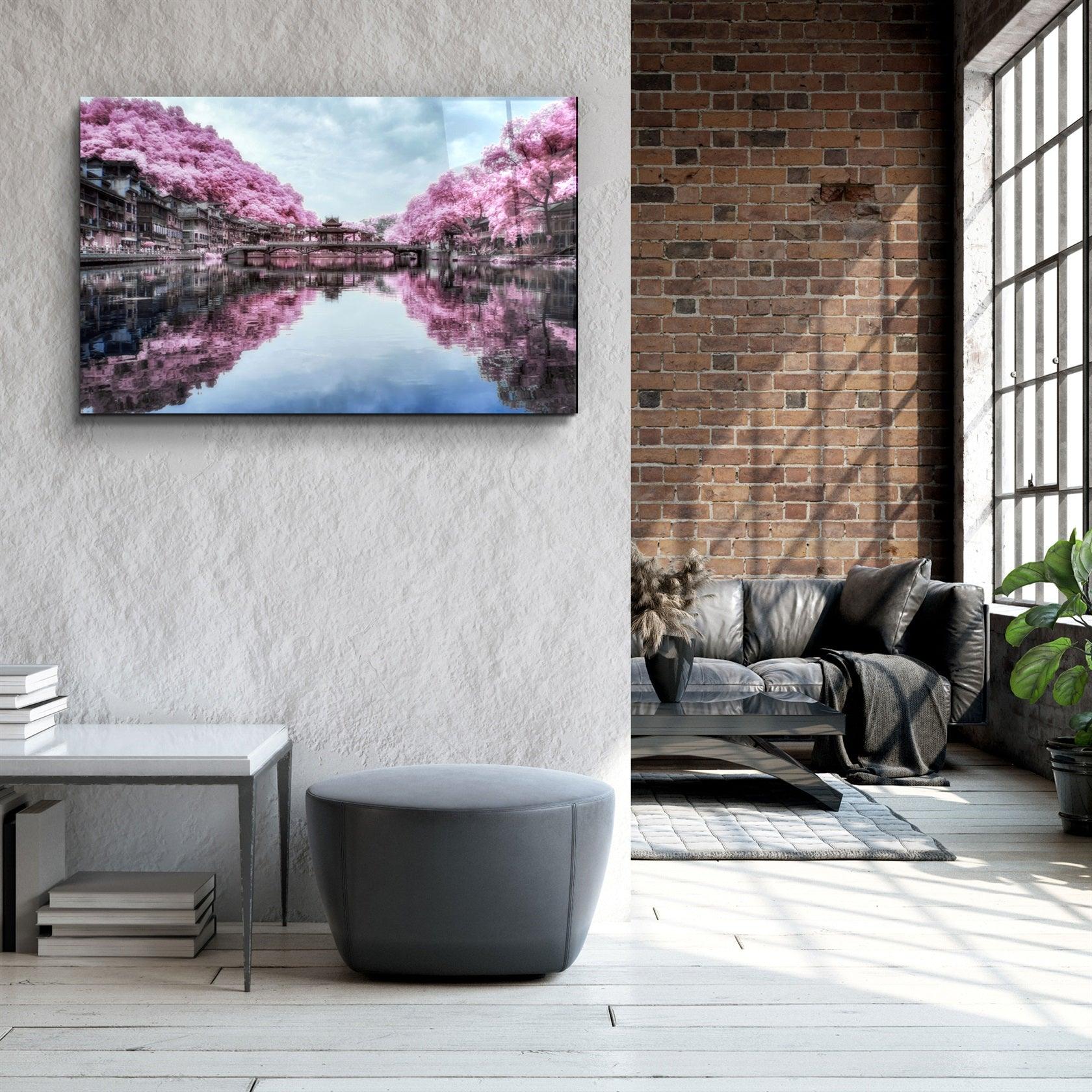 ・"Pink Trees Reflection"・Glass Wall Art