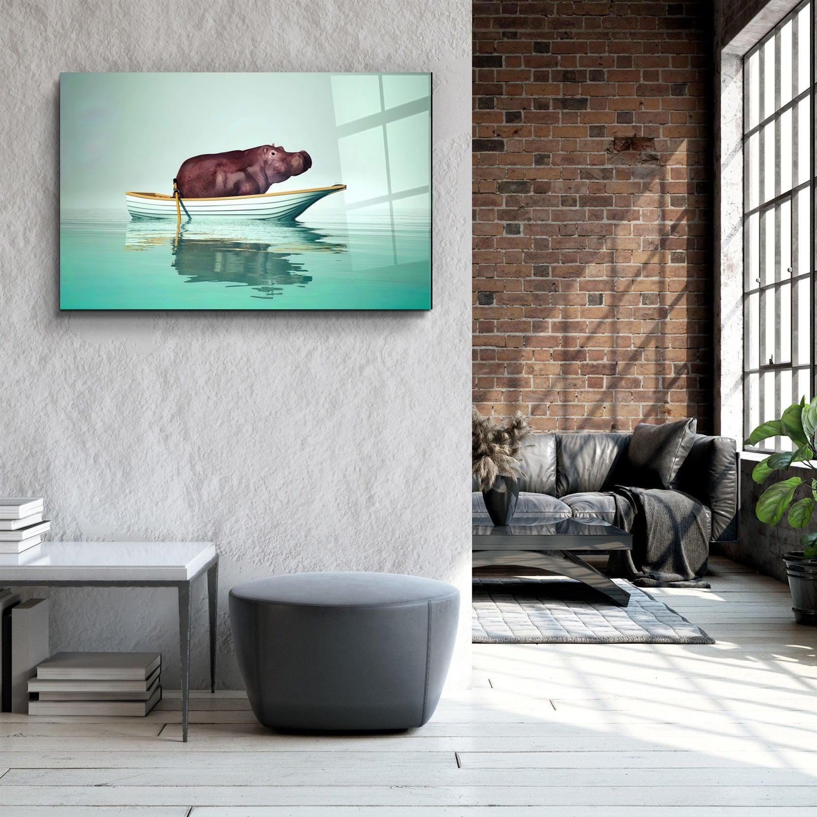・"Hippo on the Boat 1"・Glass Wall Art