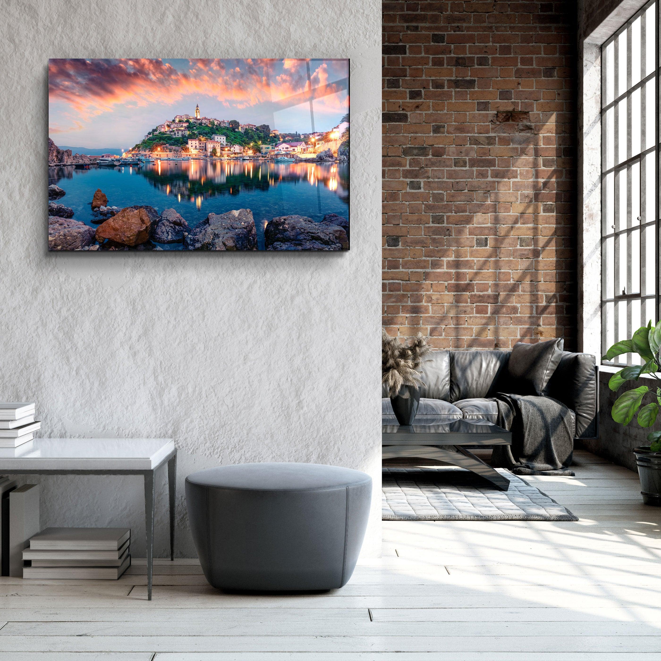 ・"Breathtaking evening cityscape of Vrbnik town"・Glass Wall Art