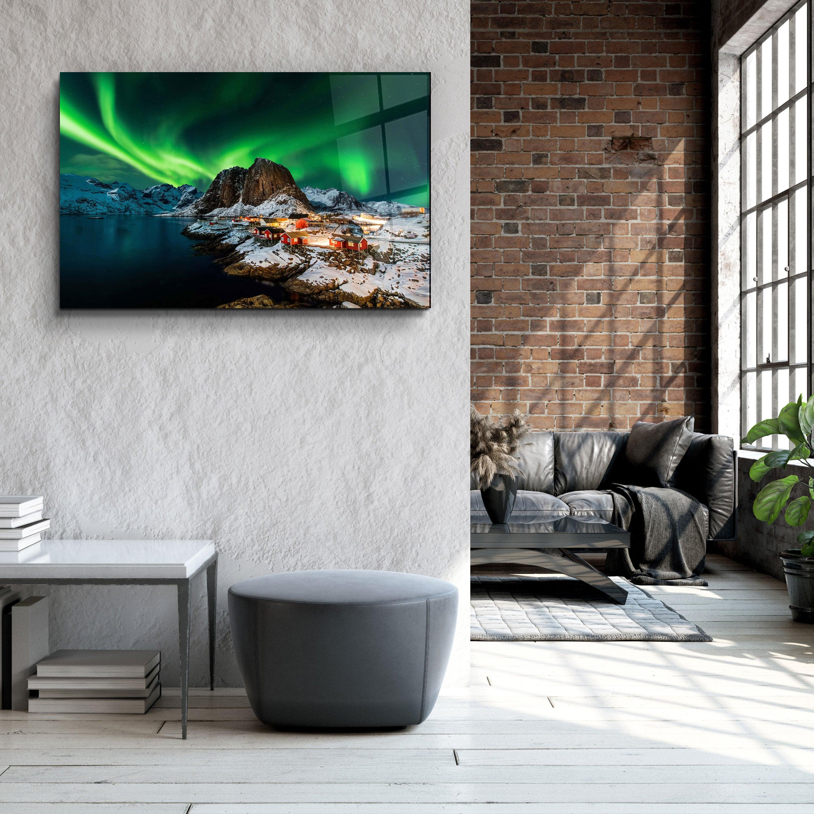 Aurora borealis over Hamnoy in Norway | Glass Wall Art